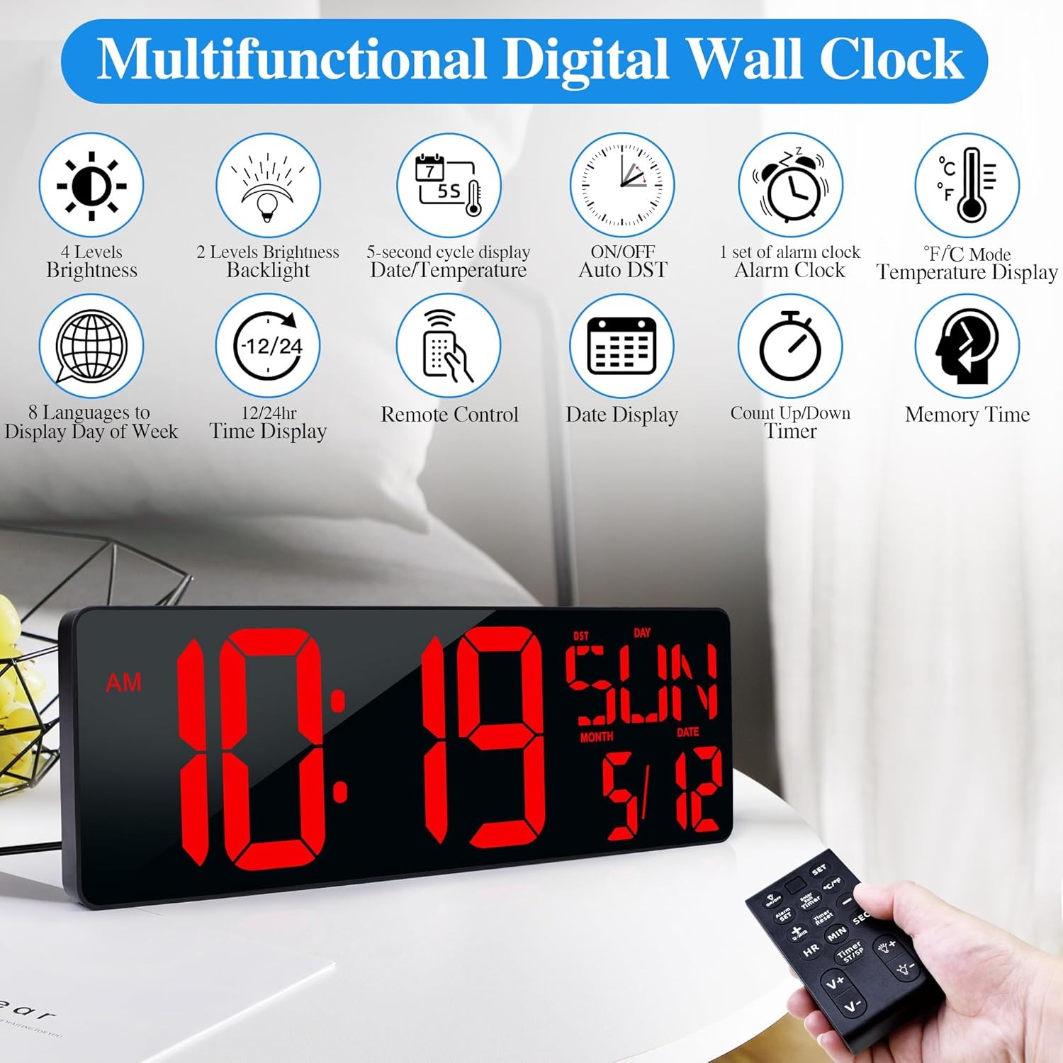 Large Digital Wall Clock with Remote Control 17.2″ LED Large Display Timer with