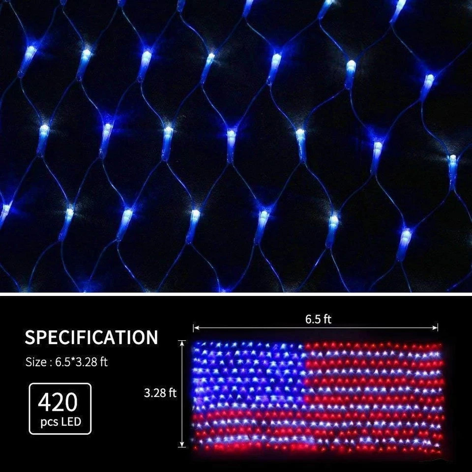 American Flag String Lights, Waterproof Led Flag Net Light, with 420 Super Brigh