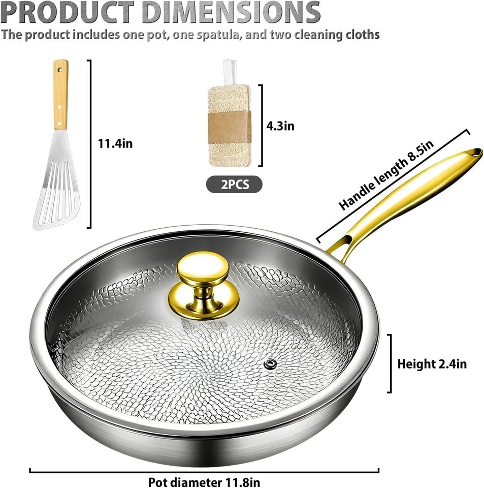 Pure Titanium Hammered Frying Pan with Lid, 12 Inch Skillet, No Coating Cookw…
