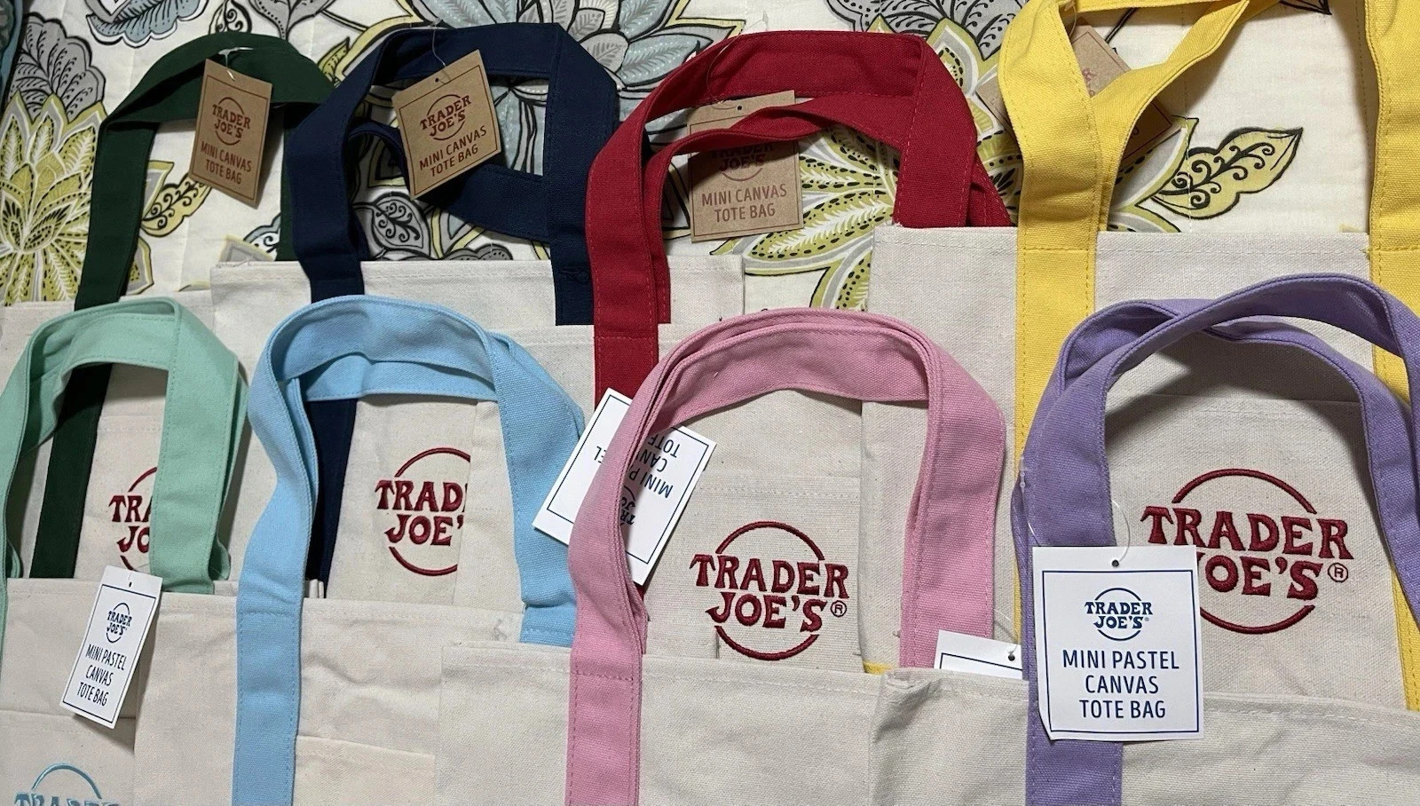 Trader Joe’s Mini Canvas Reusable Tote bags, Colorful Tote Bag SET of all 8