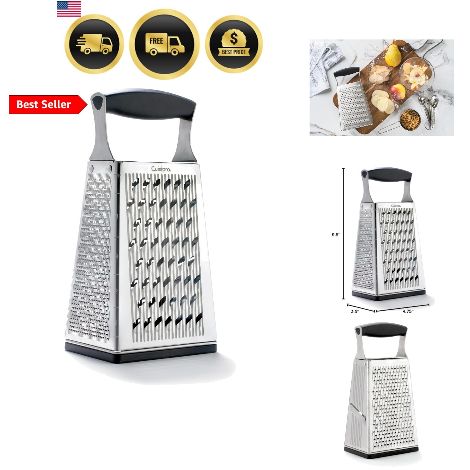 Stainless Steel Cheese Grater with Handle, 4 Sided Box Grater for Kitchen, Gi…