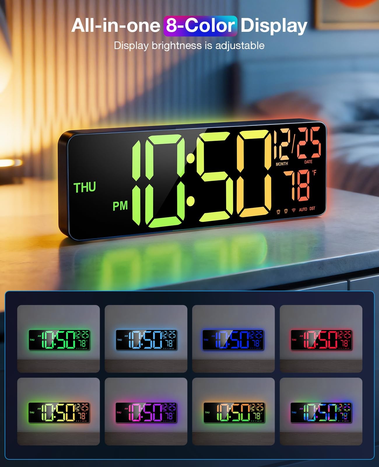 16” Large Digital LED Wall Clock with Remote Control Dual Alarm 8 RGB Bluetooth