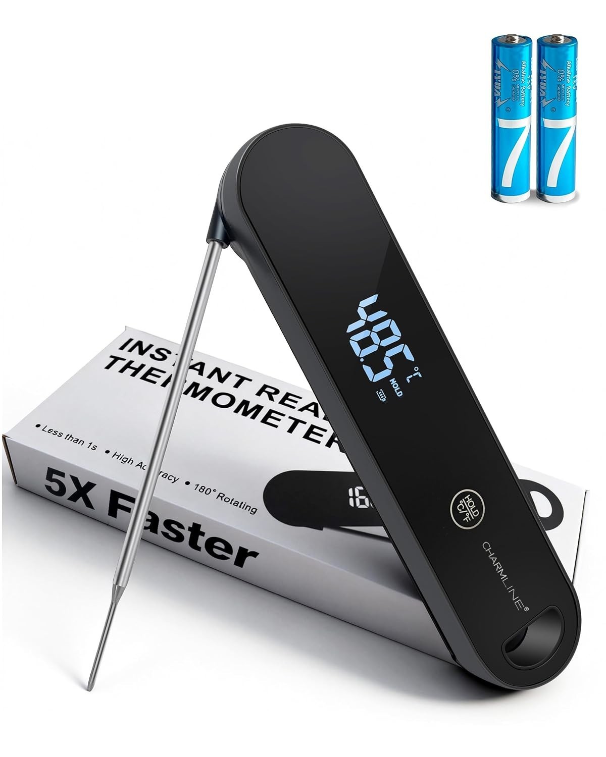 Meat Thermometer | 180° Auto-Rotating LED Display, 0.5-Second Read, Dual-batt…