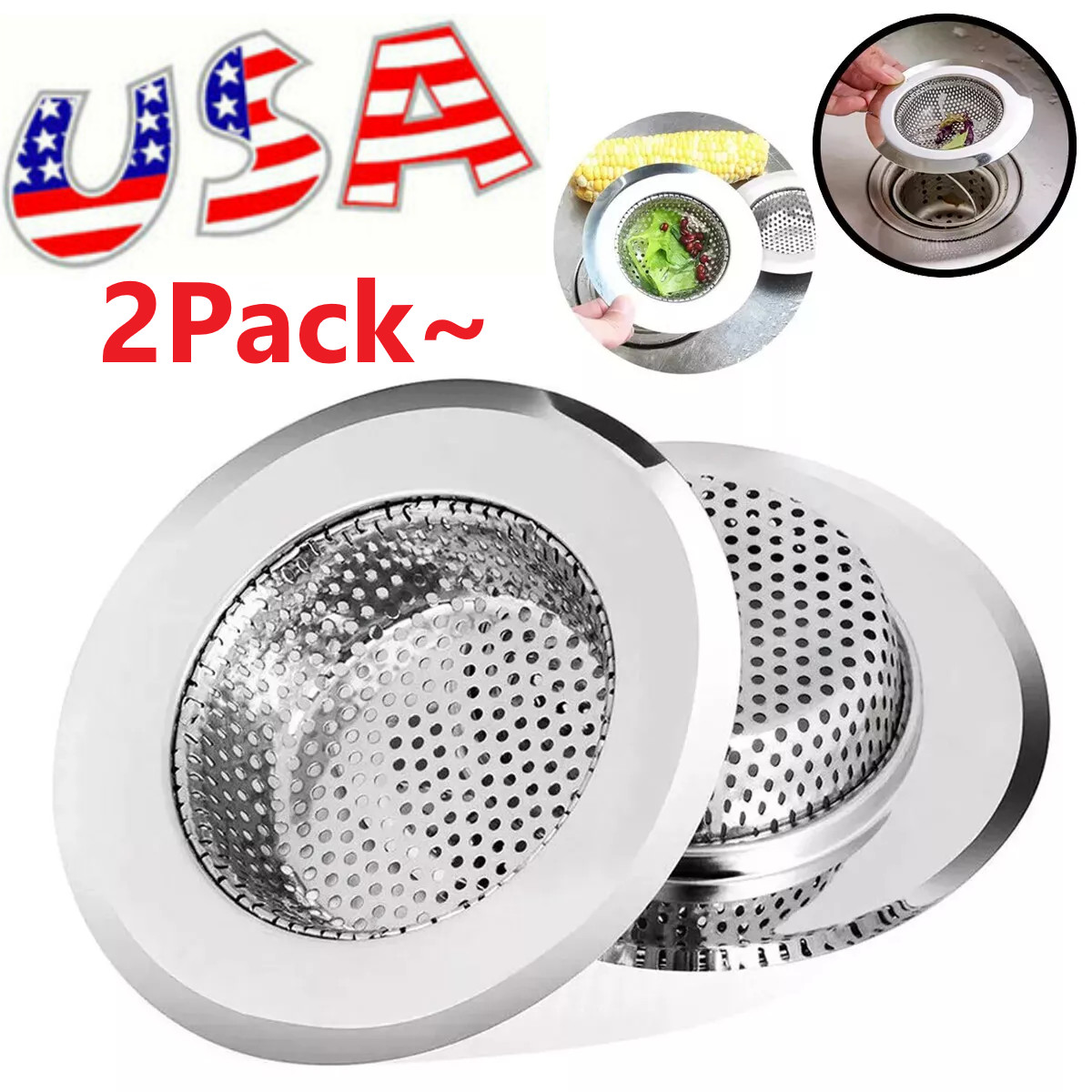 2PCS 4.5″ Kitchen Bathroom Sink Strainer Stainless Steel Filter Drain Strainer