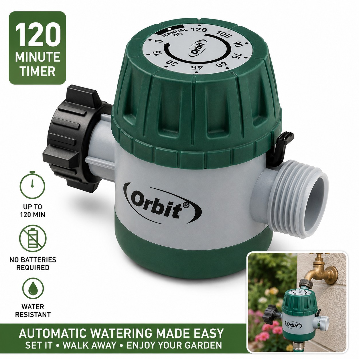 120 Min Mechanical Water Timer Orbit Garden Hose Irrigation Faucet Auto Shut Off