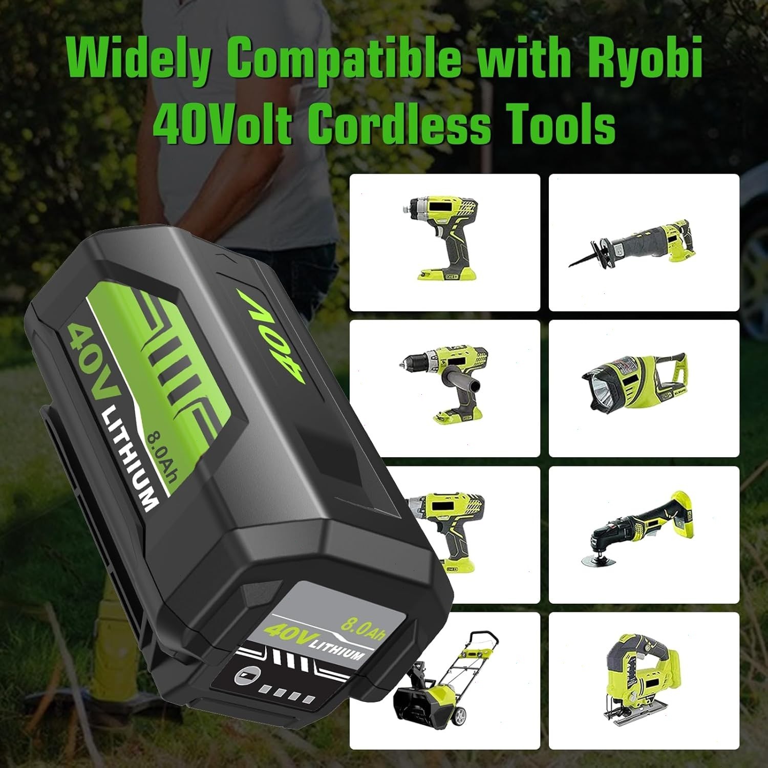 8.0Ah Battery 40 Volt for Ryobi 40V Lithium OP40602 Battery with LED / Charger