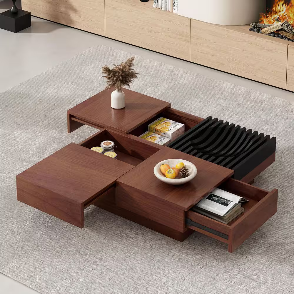 Retro 35 In. Brown and Black Square Acacia Wood Coffee Table with Storage