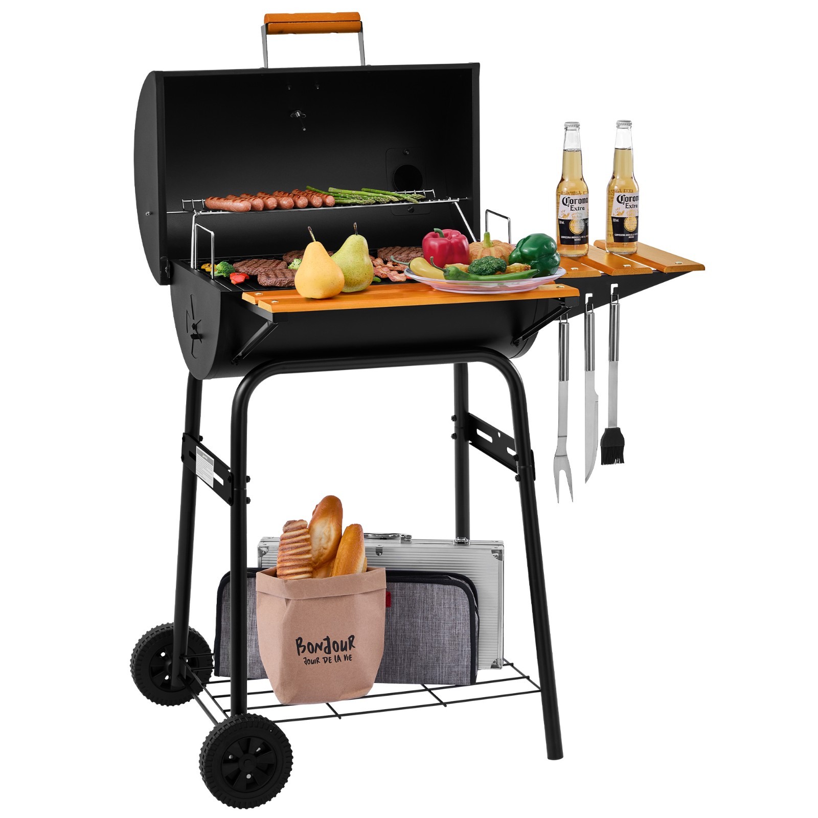 Royal Gourmet Barrel Charcoal Grill ,with Wooden Side Shelf for Backyard Cooking