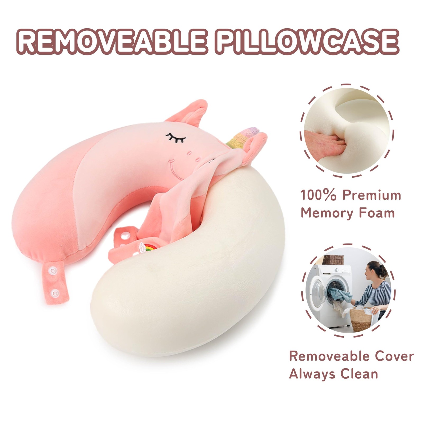 Unicorn Travel Neck Pillow 17″ Memory Foam for Teens & Adults – 360° Head