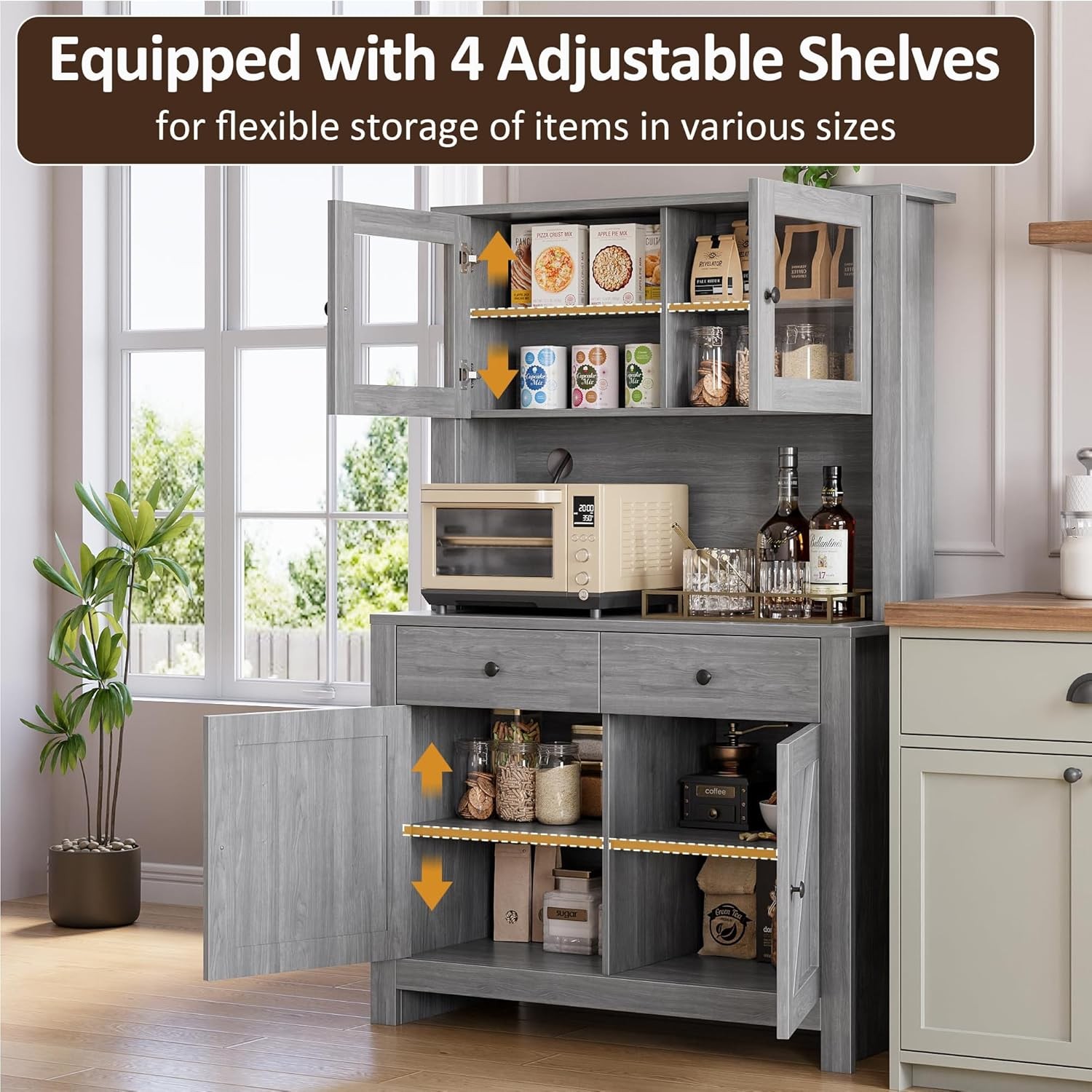 63″ Tall Kitchen Pantry Cabinet with Drawers, Hutch Cabinet with Microwave Stand