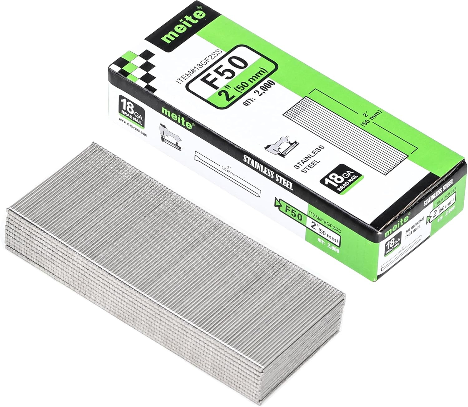 Meite 18 Gauge Stainless Steel Brad Nails, 2 Inch 18GA Brad Nails, 304 Stainless