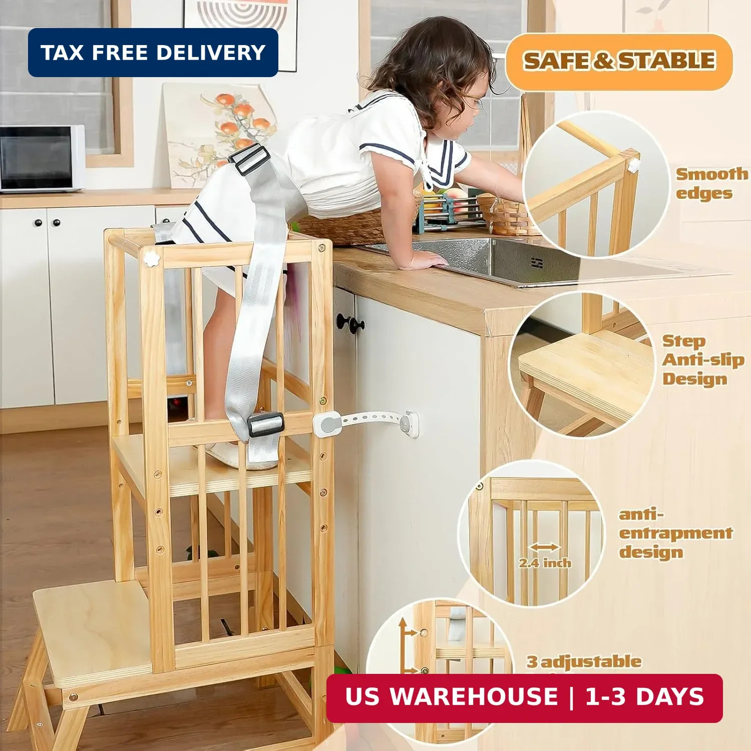Toddler Step Stool, Kitchen Tower for Toddlers, Adjustable Height Children’s Woo