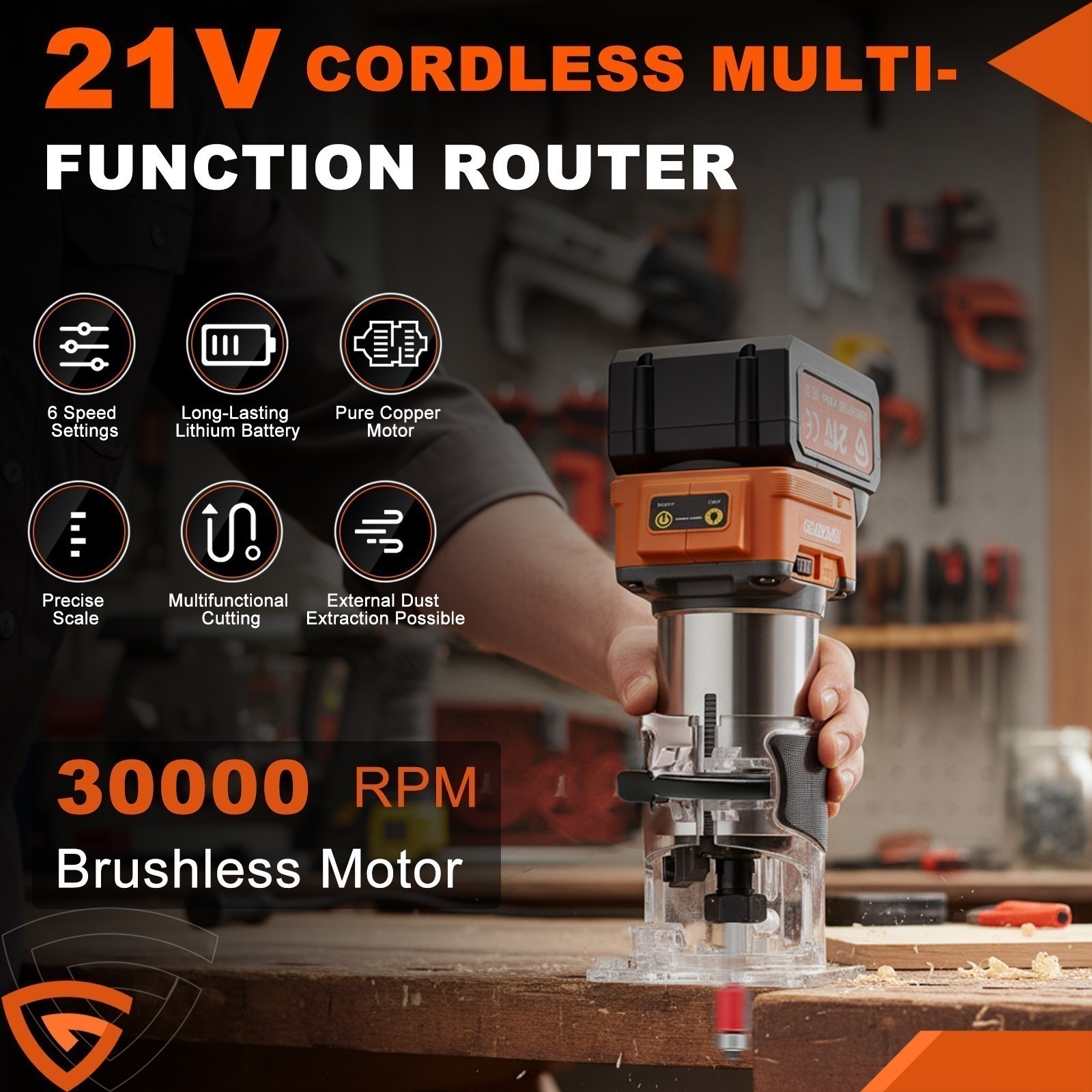 Cordless Brushless Router 21V 30000 RPM Kit 2 Batteries 20 Bits Fixed Base Tool