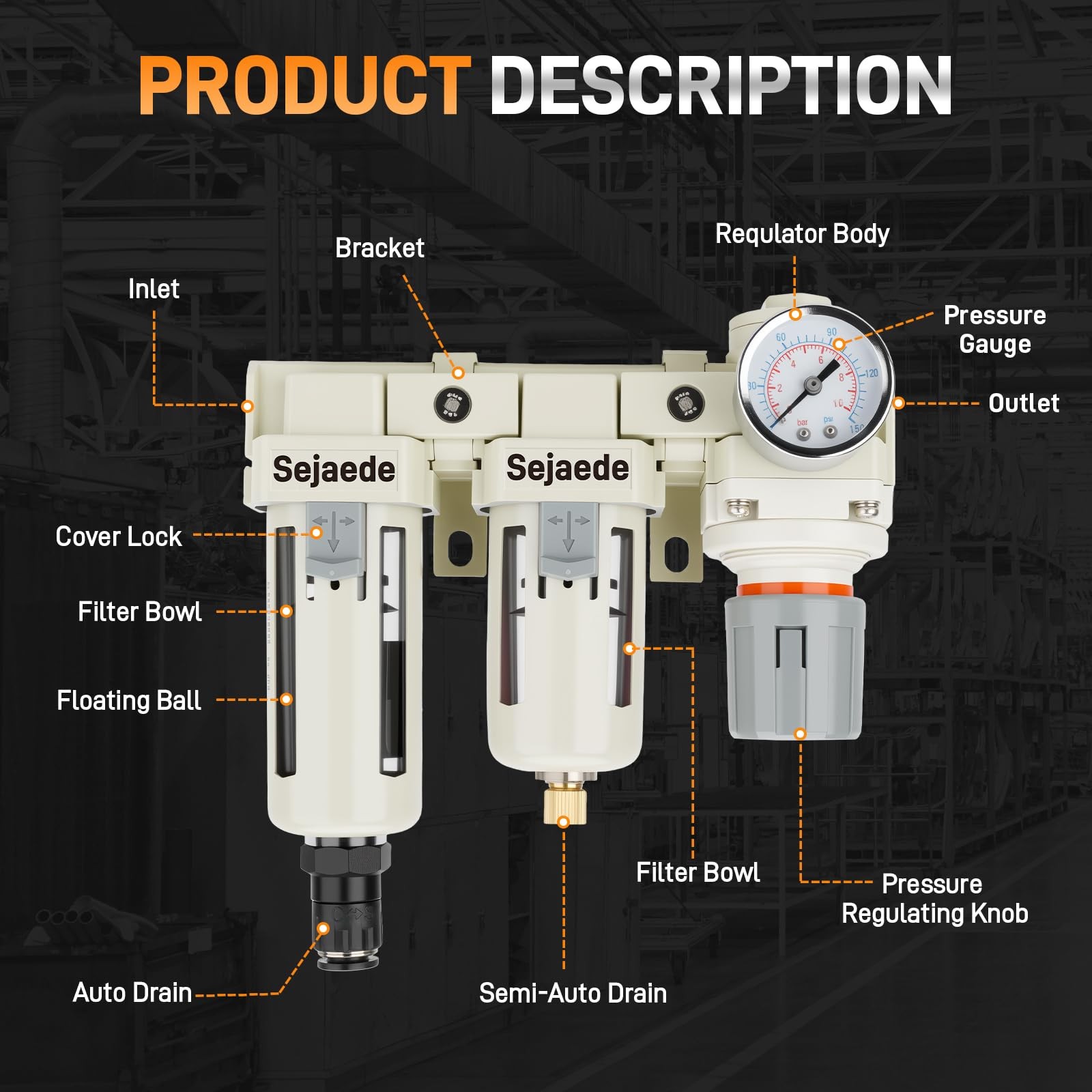 3/8″ NPT Air Compressor Filter Regulator W/ 2-Stage Auto & Semi-Auto Drain Dryer