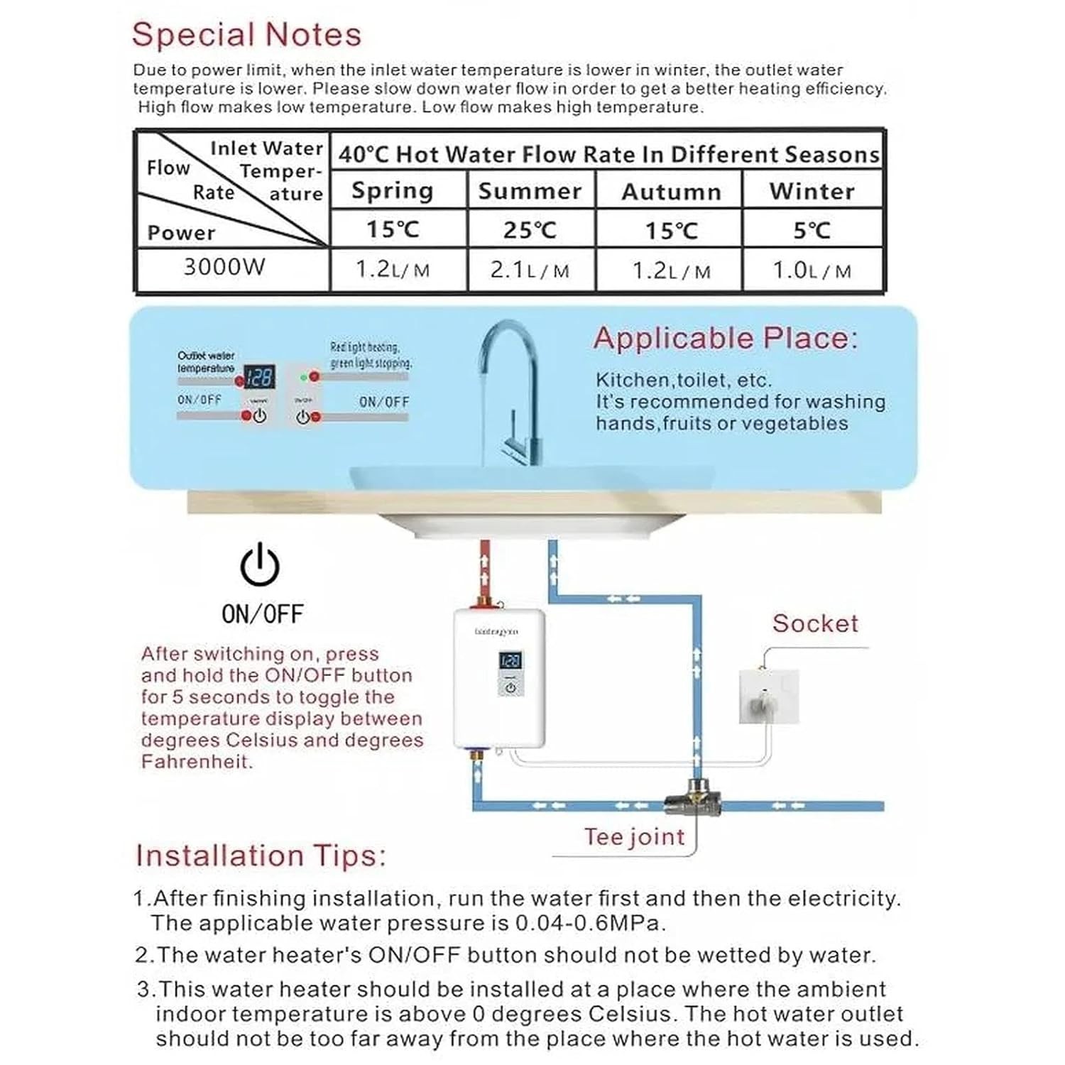3000W Tankless Water Heater 110V Electric Instant Hot Water Heater Under Sink