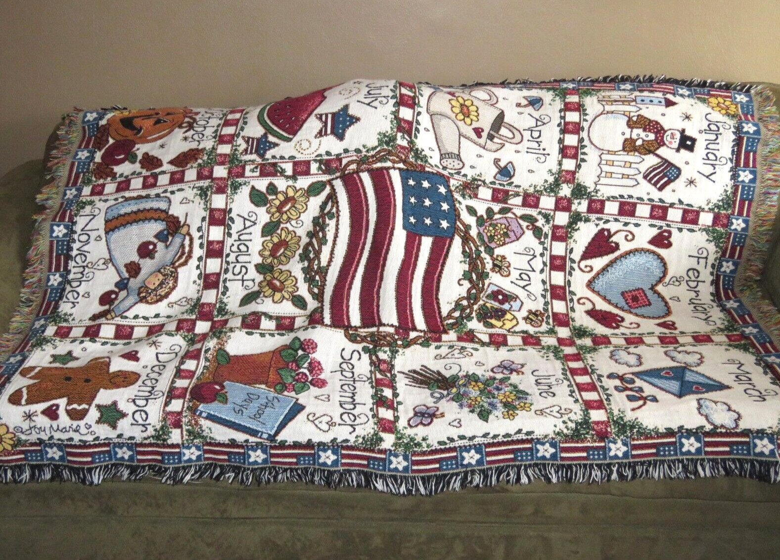 Tapestry Throw Afghan Blanket AMERICANA 12 Months Calendar Seasons VINTAGE