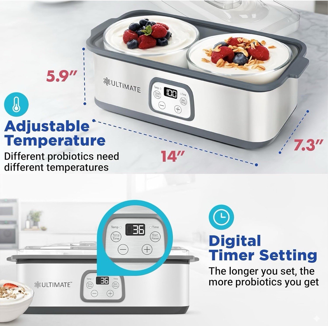 Ultimate Probiotic Yogurt Maker with Adjustable Temperature & Time (2 bowls)