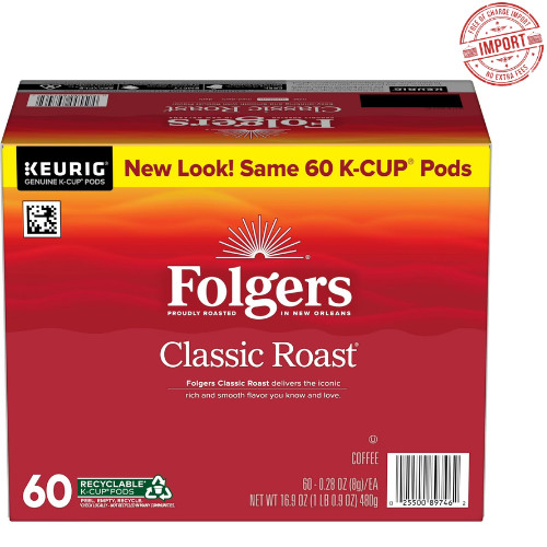 Folgers Classic Roast, Medium Roast Coffee, Keurig K Cup Pods, 60 Count Box