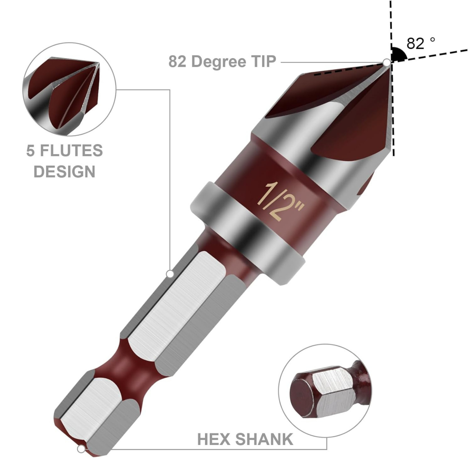 5pcs HSS Countersink Drill Bit 82° 1/4″-3/4″ with 1/4″ Hex Shank