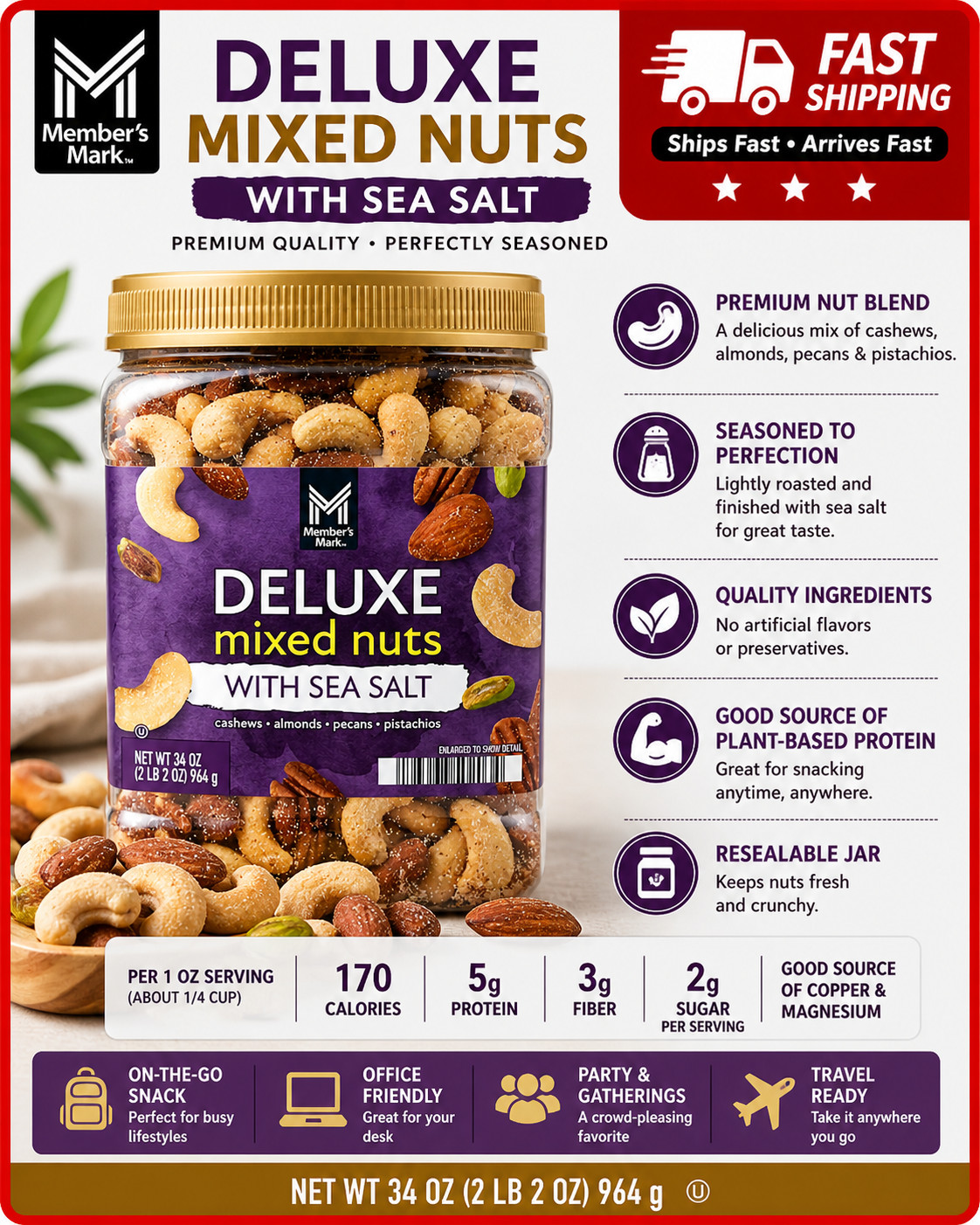 Member’s Mark De Luxe Mixed Nuts with Sea Salt 34 Oz