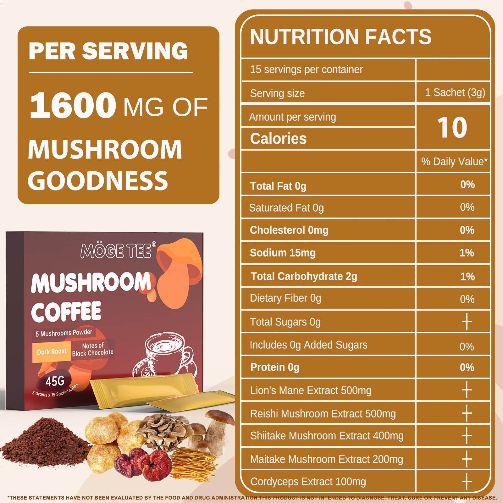Organic Mushroom Coffee Instant Coffee, 14 Mushroom Extract Energy & Brain Boost