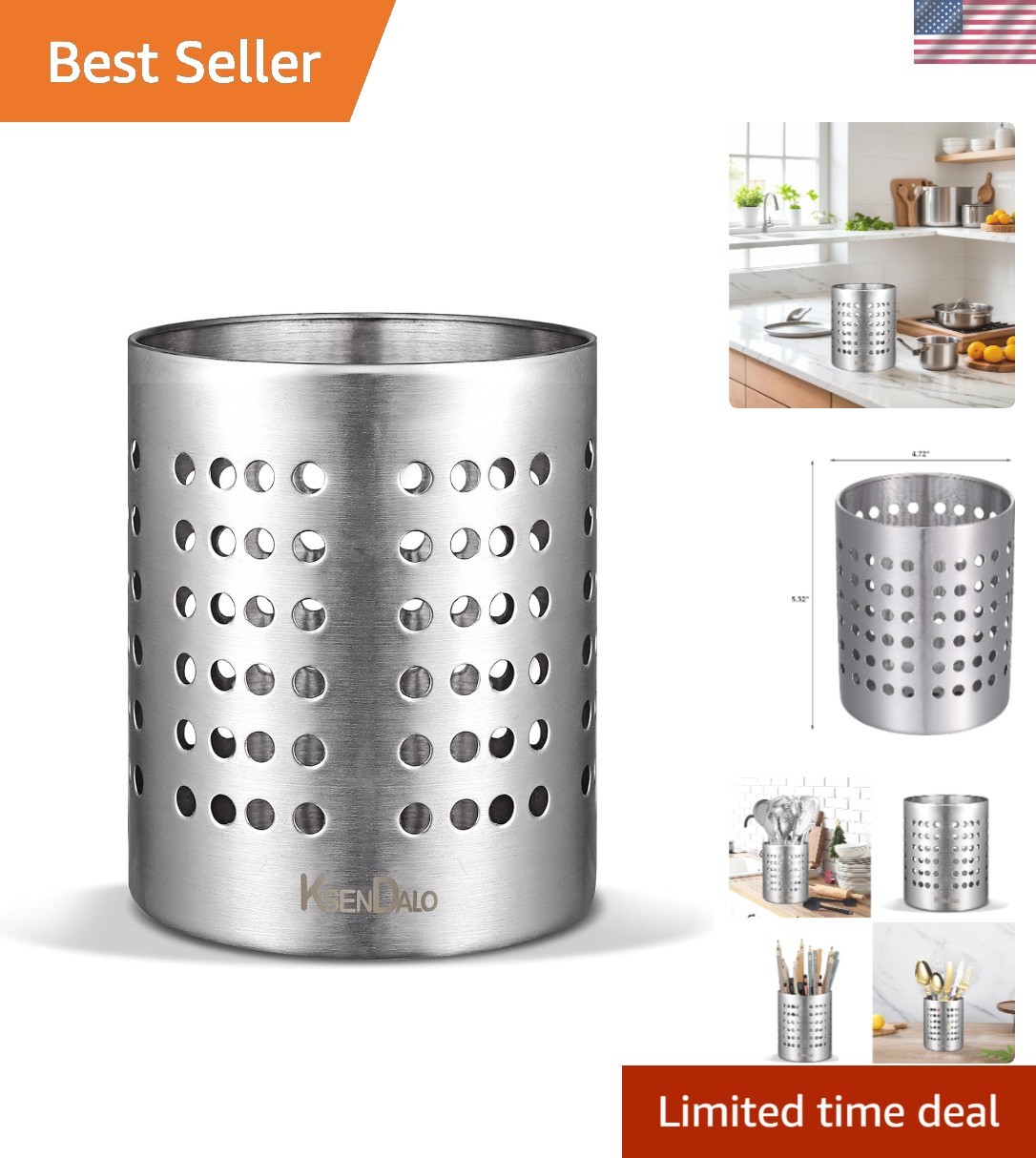 Compact 5.32in Stainless Steel Utensil Holder for Stylish Kitchen Organization