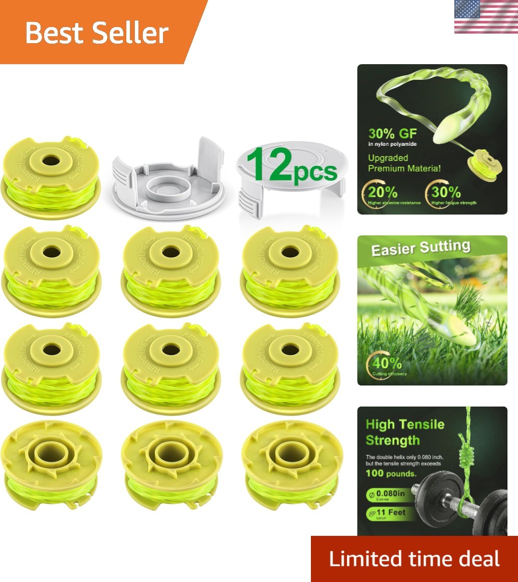Ryobi Compatible Weed Wacker String – 0.08” Trimmer Line, 10 Spools + 2 Covers