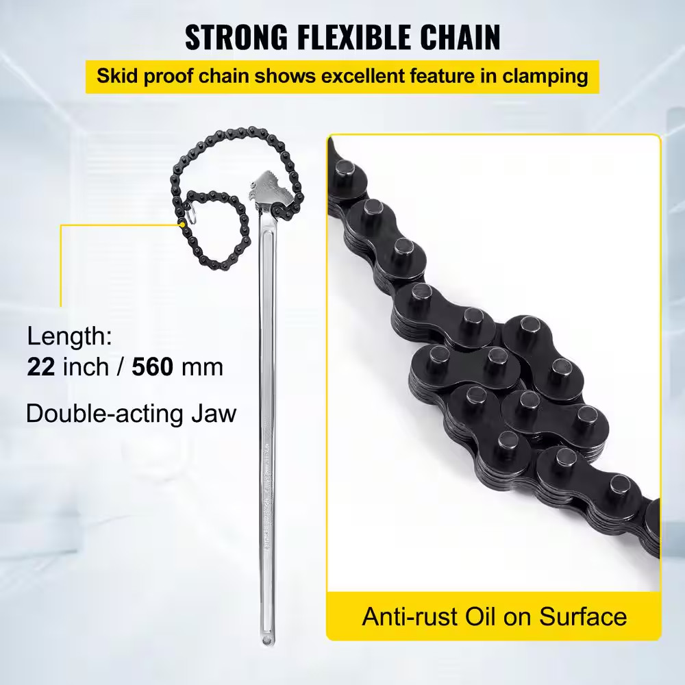 24 In. Heavy Duty Chain Wrench, Carbon Steel, 6.7 In. Capacity, Chain Strap Filt