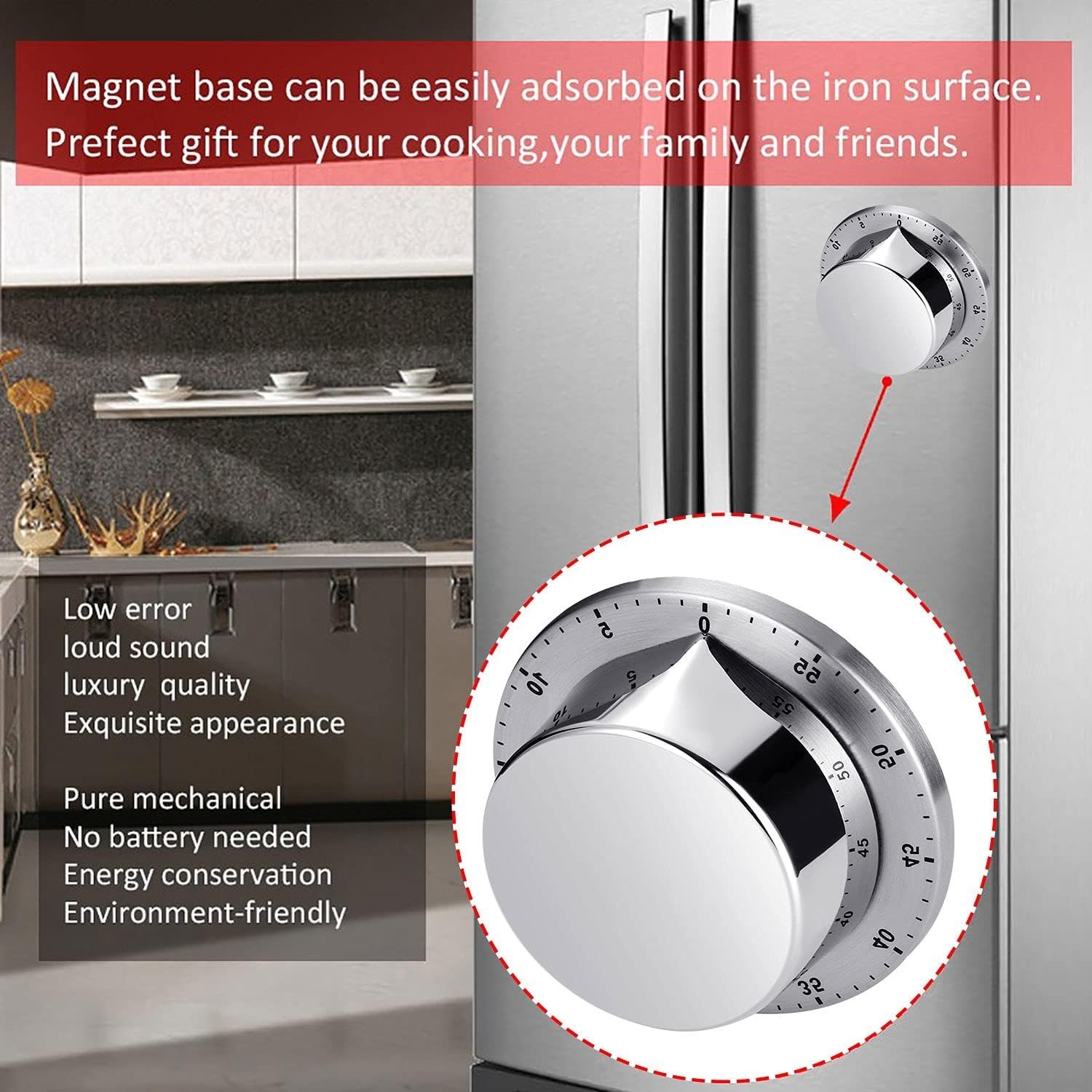 Stainless Steel Kitchen Timer with Loud 70db Alarm – No Batteries Required
