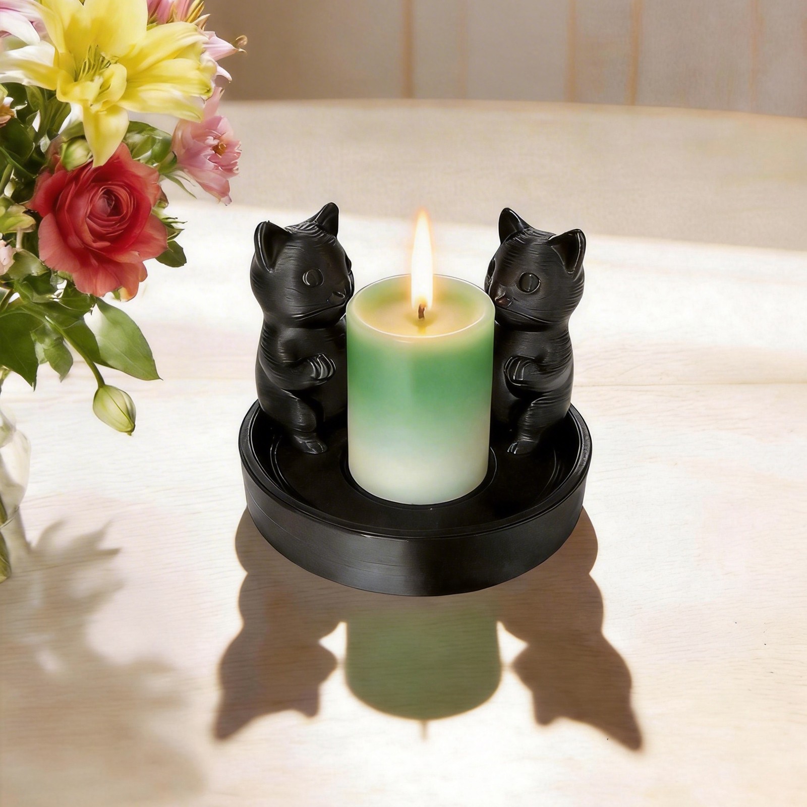 Desktop Plastic 3D Printing Black Cat Candle Holder With Larger Base 2.56*3.43in
