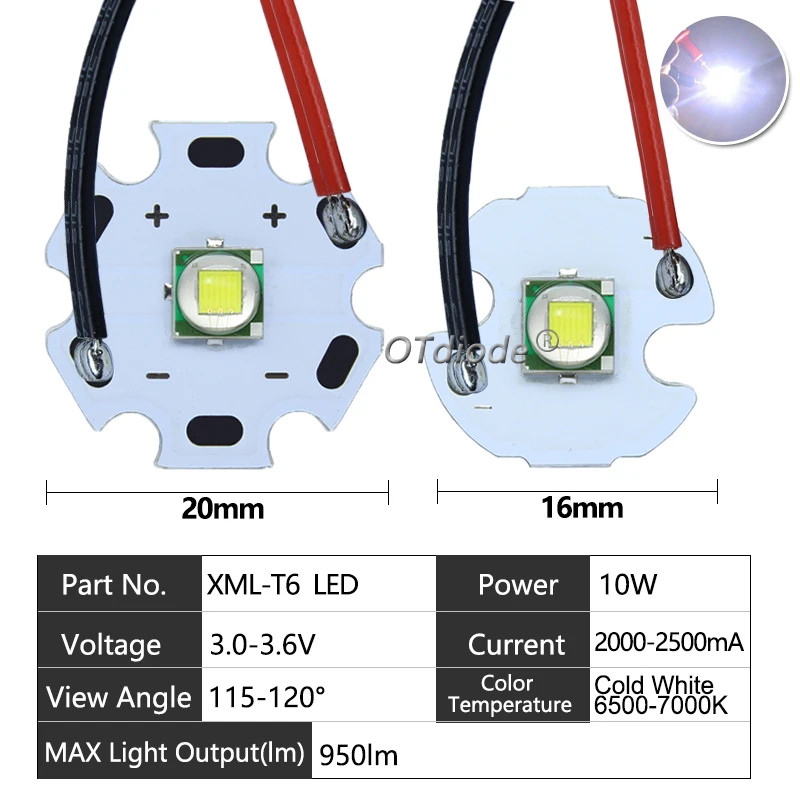 10W High Power LED XLM T6 5050-L2 Bead Diodes 3V 3.7V With Cable