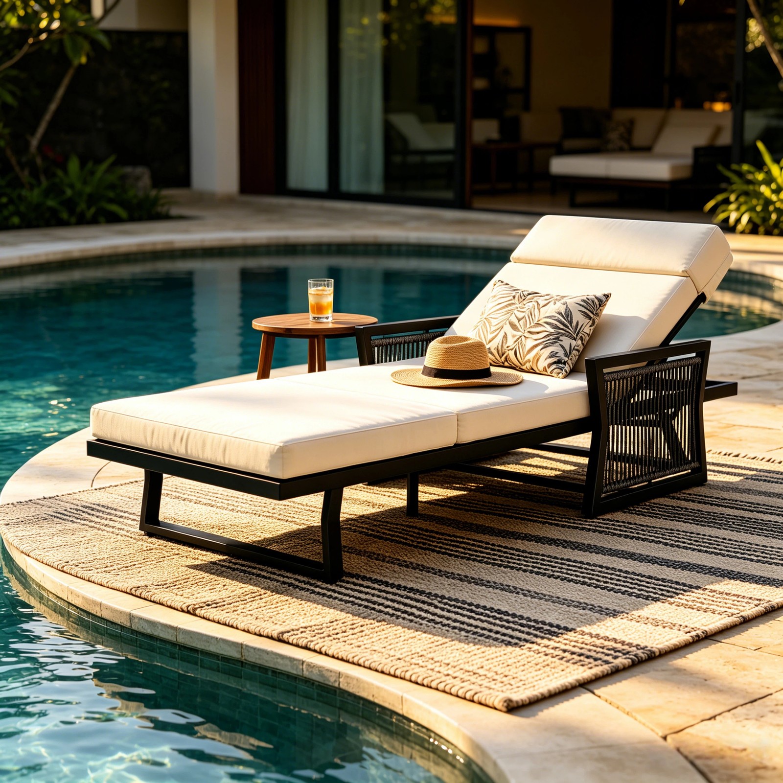 All-Black Chaise Lounge with 4″ Thick Beige Cushion, 400 lbs Capacity