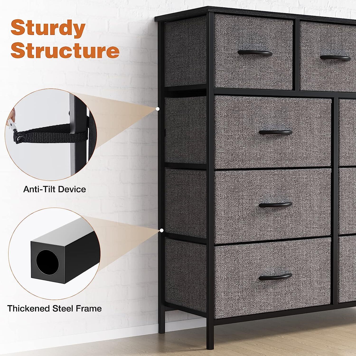 Gray 9 Storage Drawer Dresser for Bedroom Tall Wood Dresser Fabric Storage Tower