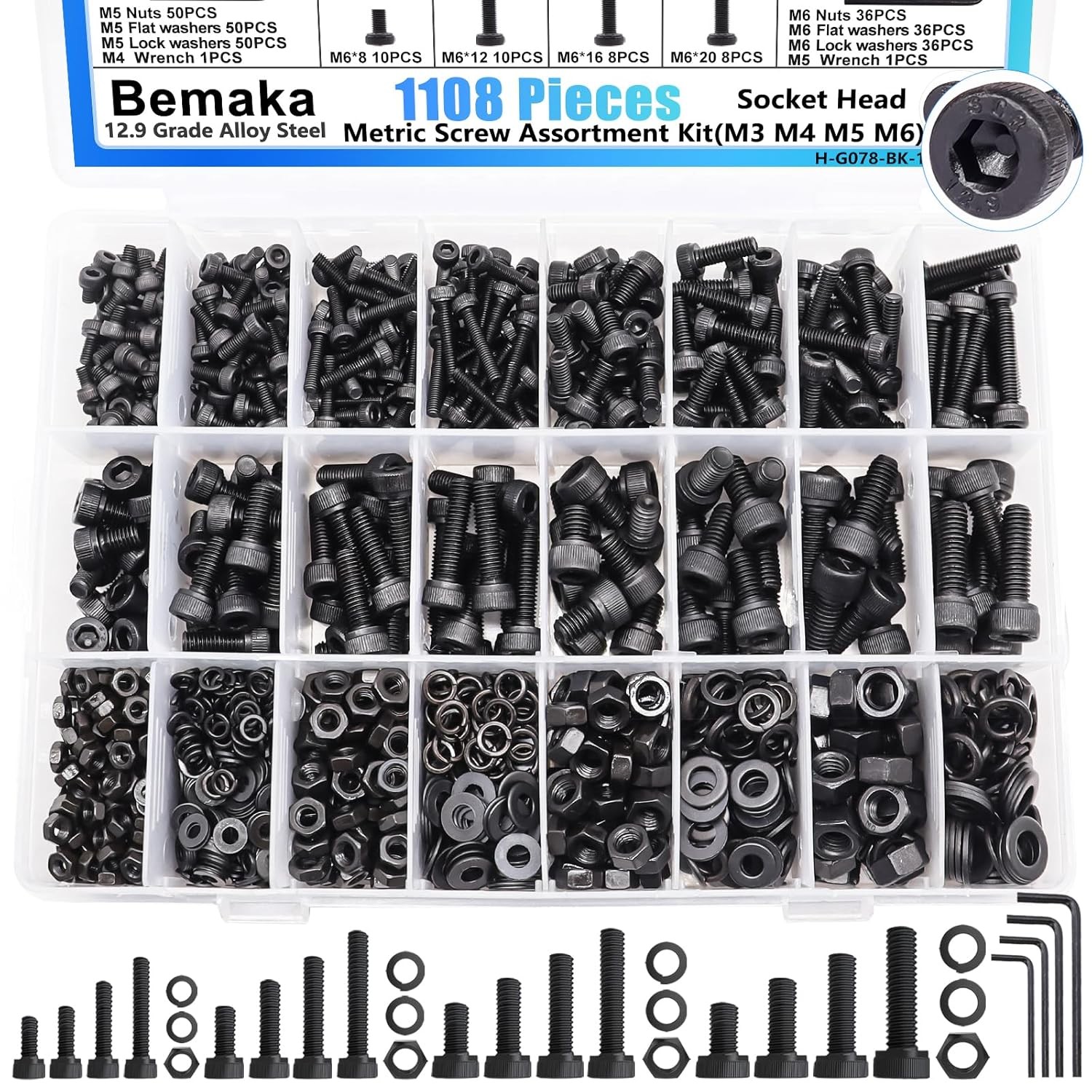 M2/3/4/5/6 Hex Button/Socket Head Cap Screws Bolts Nuts Washers Assortment Kit