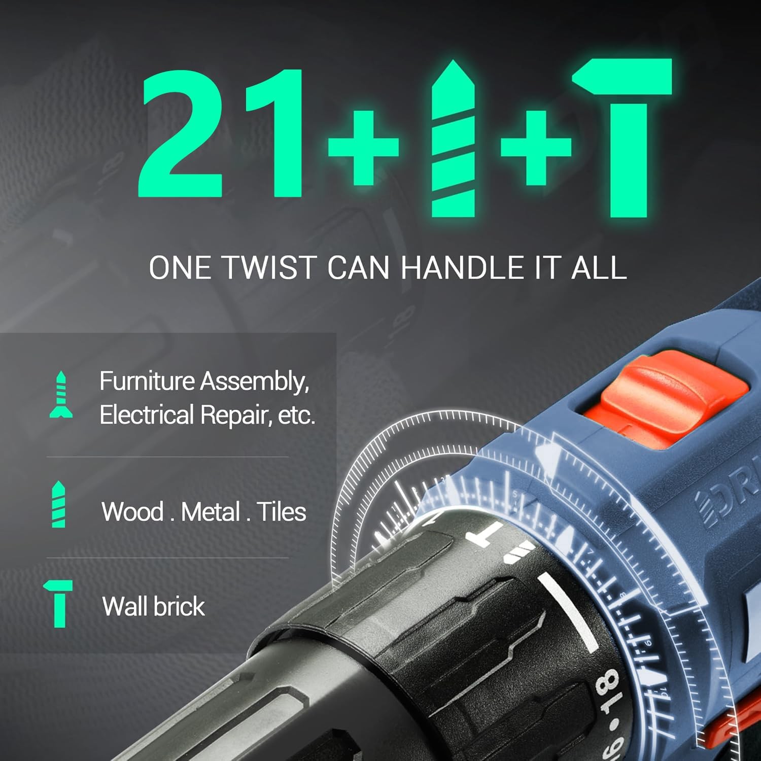 Cordless Drill Set,Electric Power Drill with 2 Battery,60N.m,21+1 Torque,2 Varia
