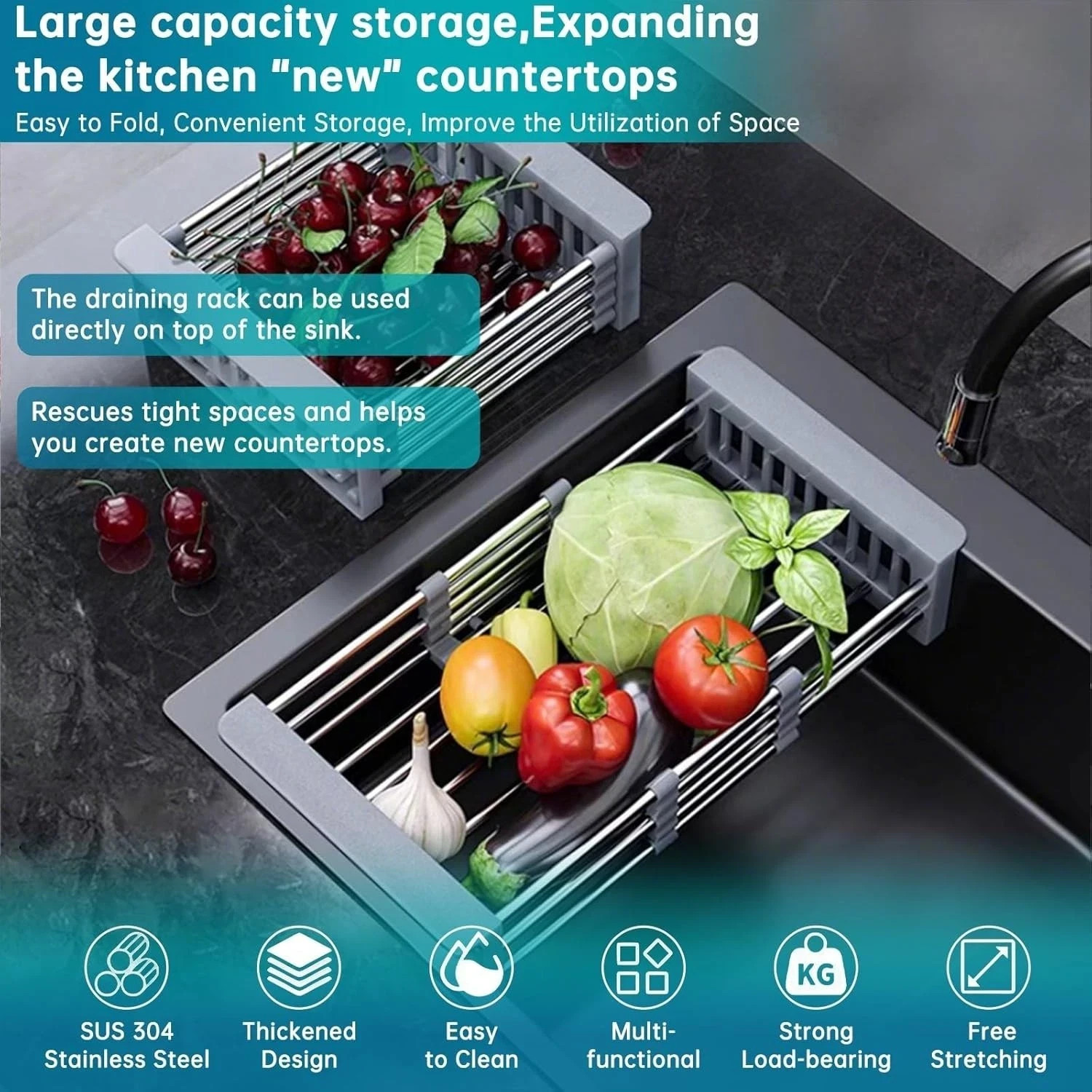 Over Sink Expandable Kitchen Drying Rack Stainless Steel Dish Drainer Adjustable