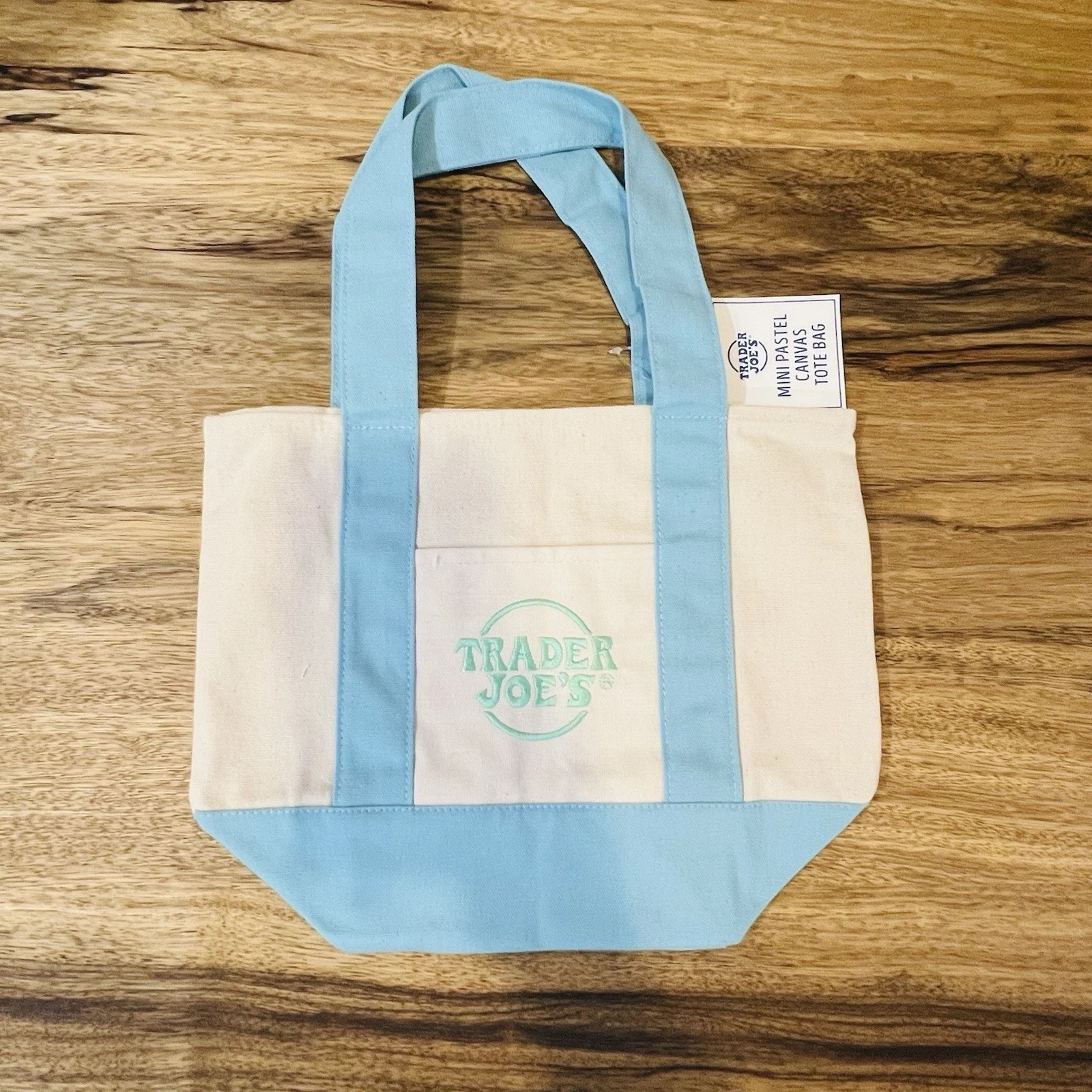 Trader Joe’s Mini Pastel Canvas Bag Off White, Blue Base & Straps, Green Logo