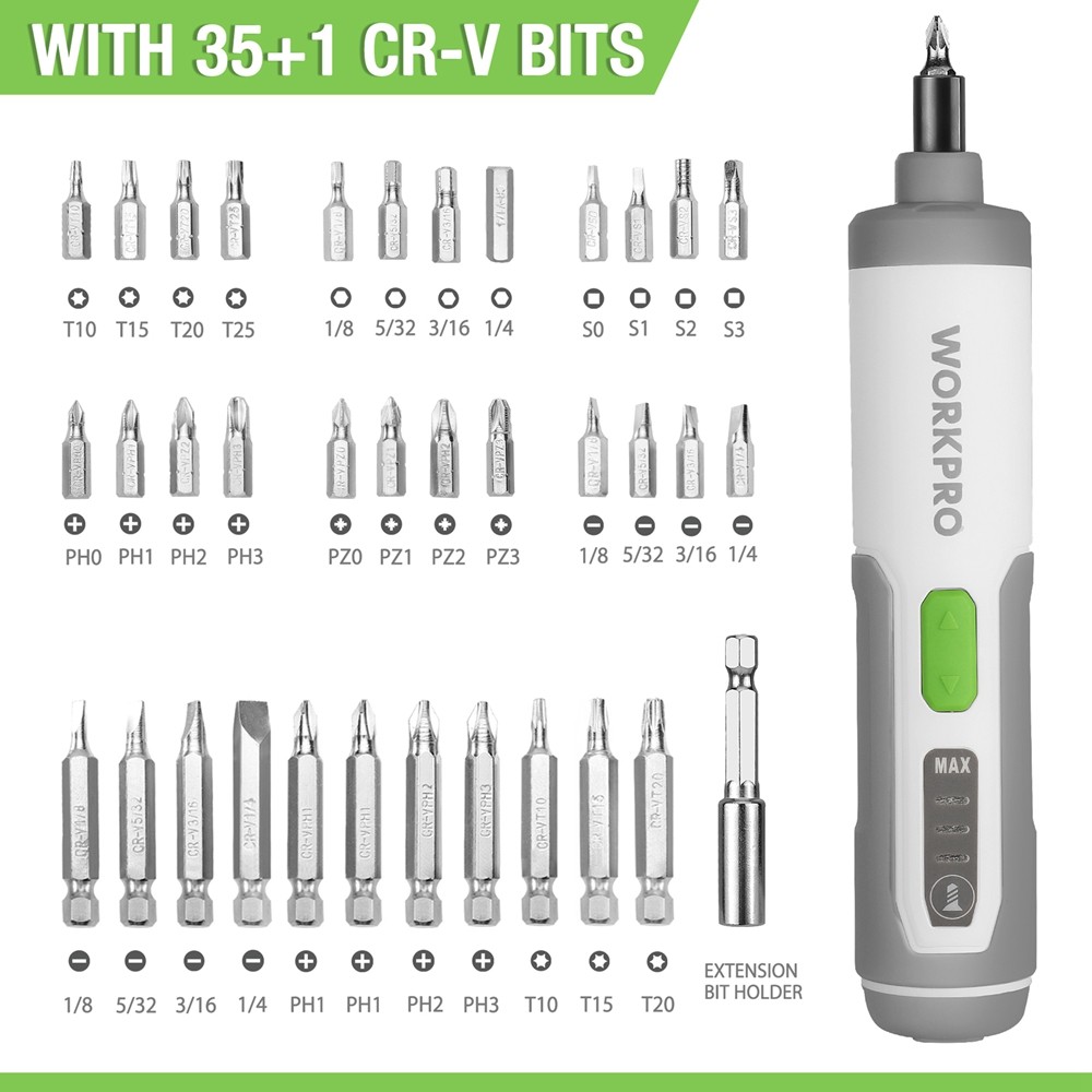WORKPRO 4V Electric Screwdriver, Rechargeable Cordless Screwdriver Set w/35 Bits