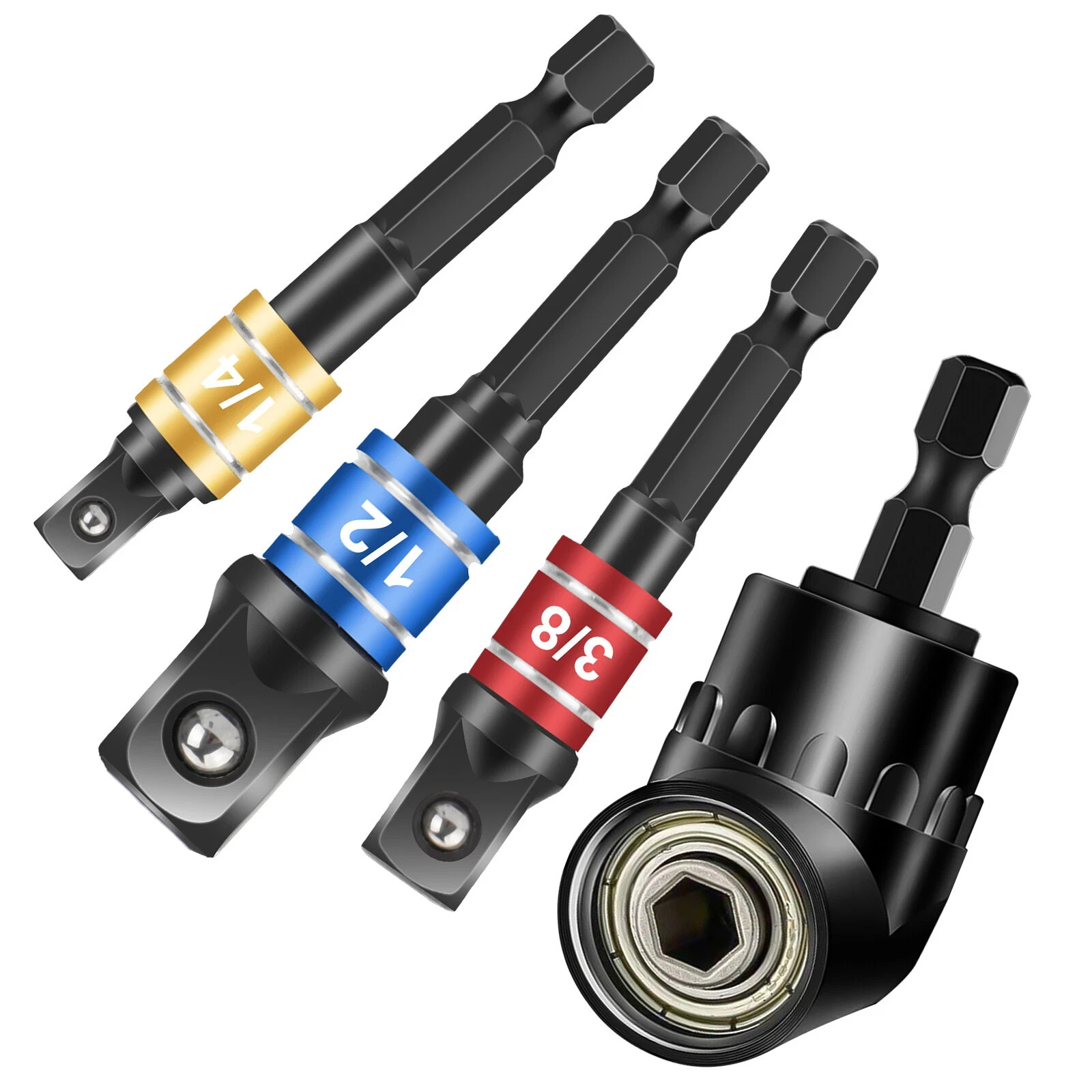 4Pcs 105°Right Angle Drill Attachment Impact Grade Socket Adapter 1/4″ 3/8″ 1/2″
