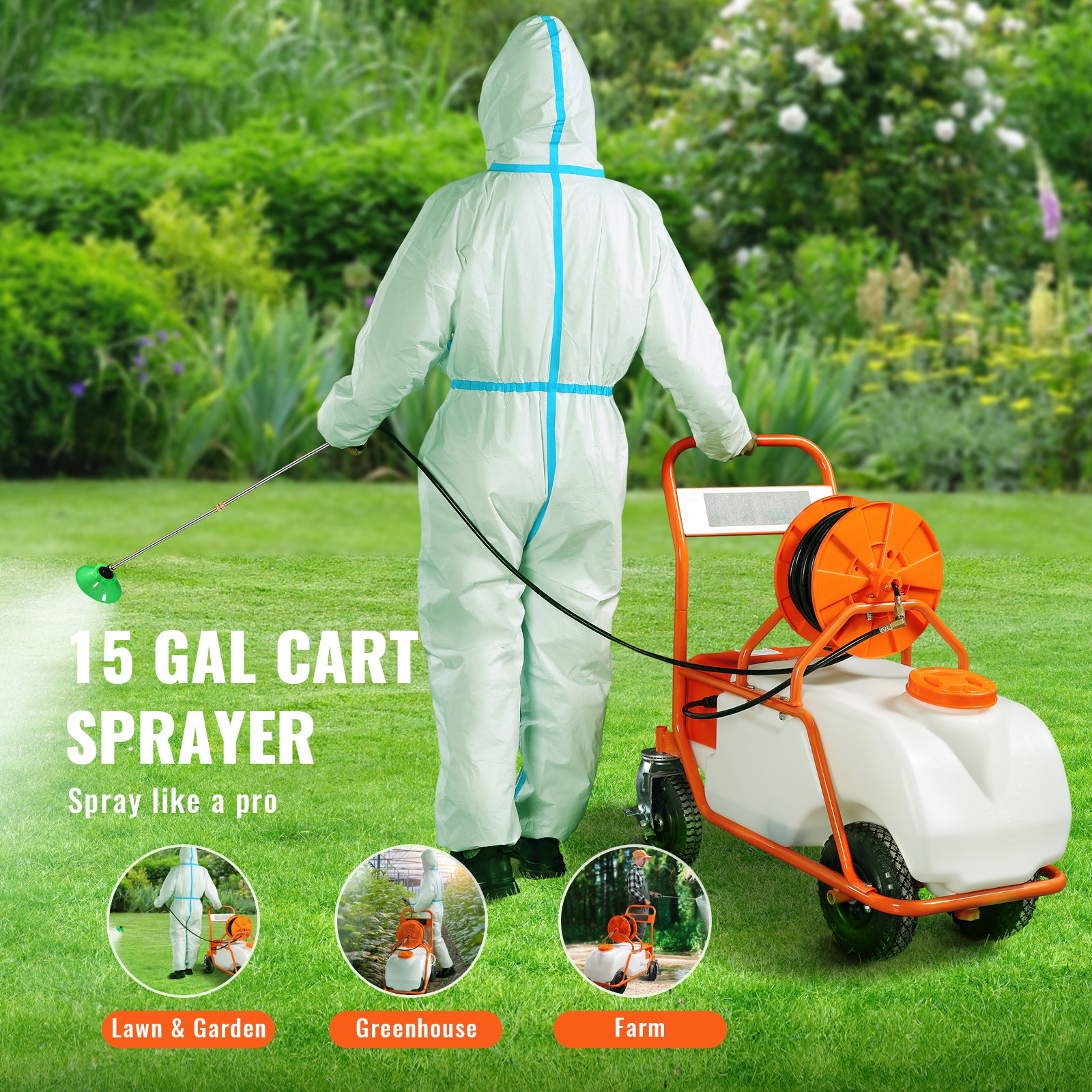 VEVOR Battery Powered Lawn Sprayer Cart Sprayer 15 Gal Tank w/ Wheels 0-90 Psi