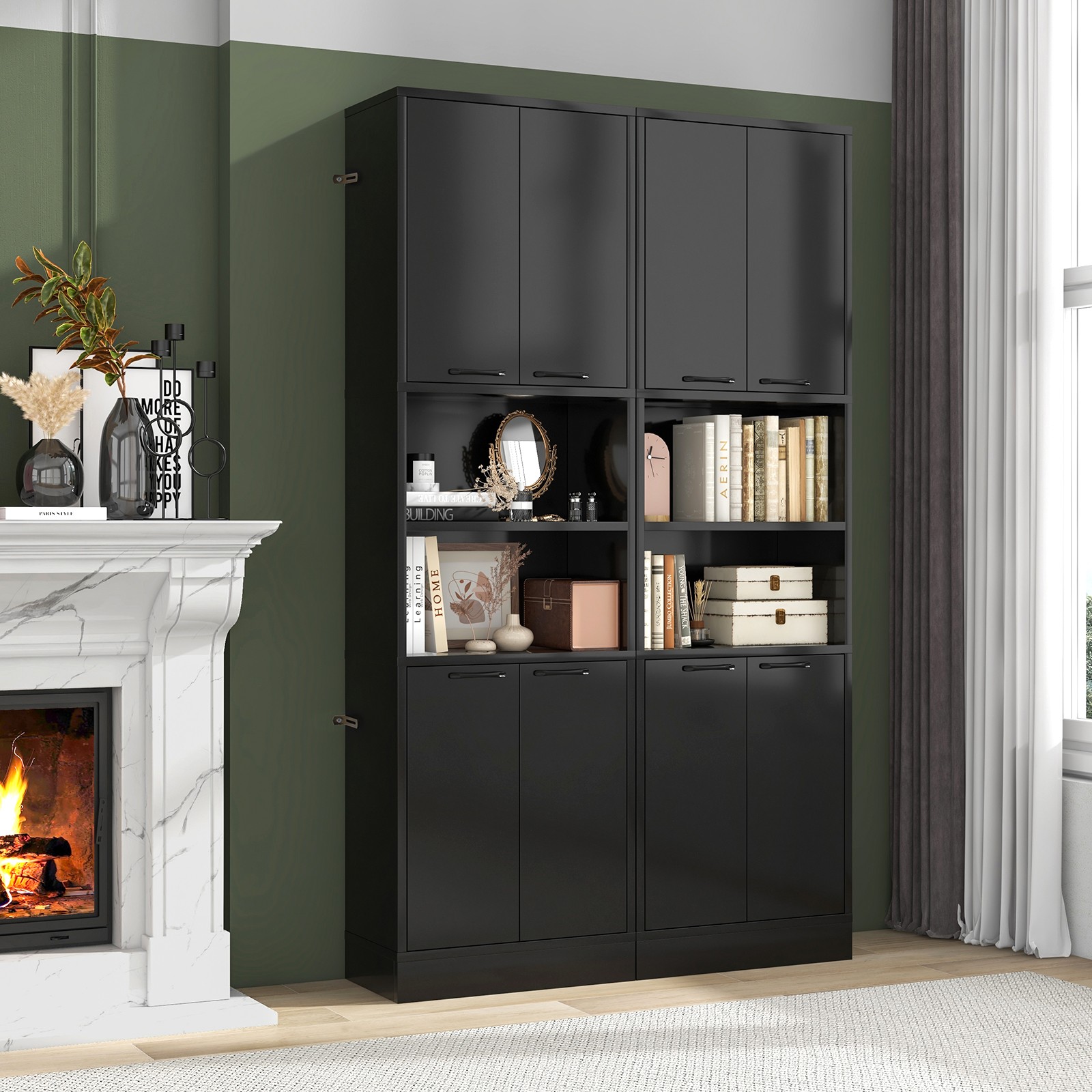 75″ Tall Bathroom Storage Cabinet Freestanding w/ 4 Doors & 2 Open Compartments