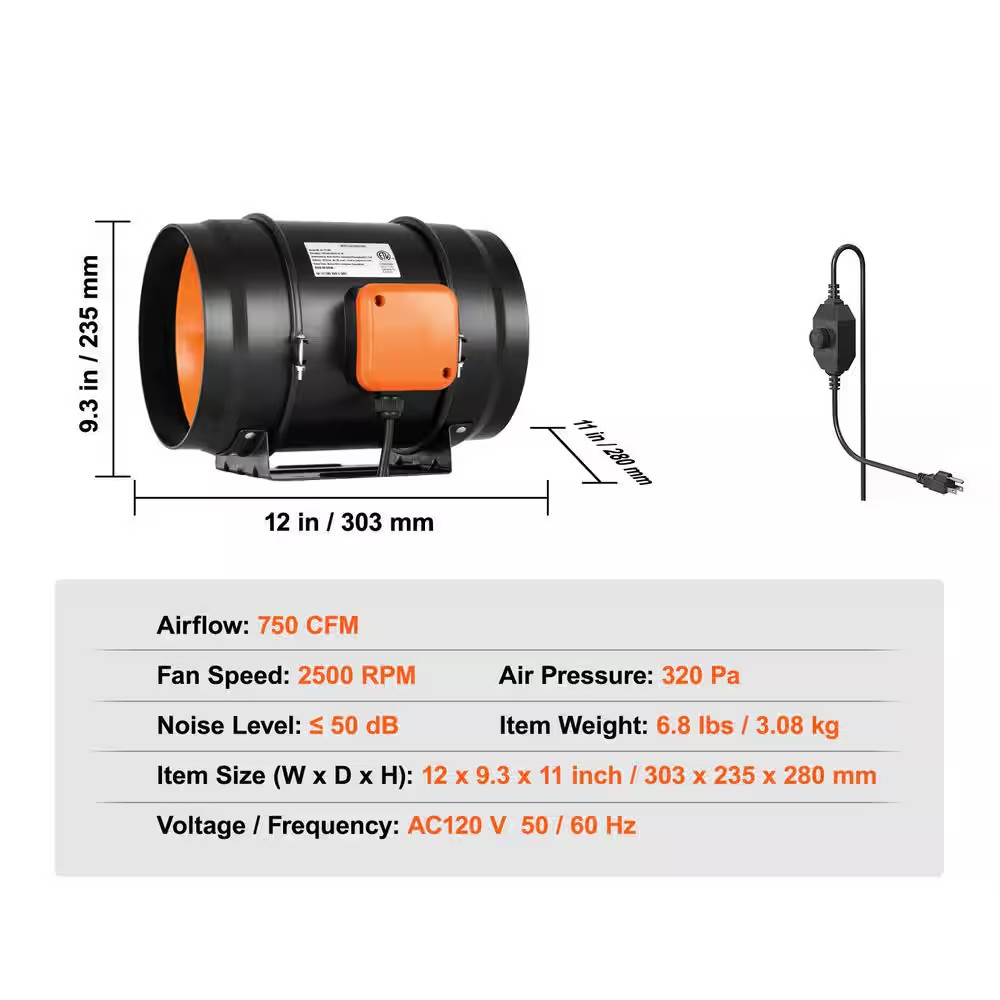 Inline Duct Fan, 8 In. 750CFM with Variable Speed Controller, Quiet Ac-Motor Ven