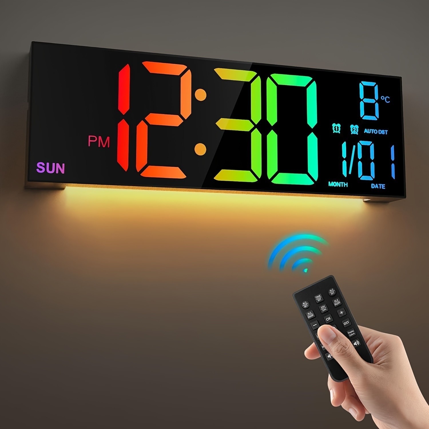 16” Large Digital Wall Clock with Remote Control Big LED Dual Alarm 8 RGB New