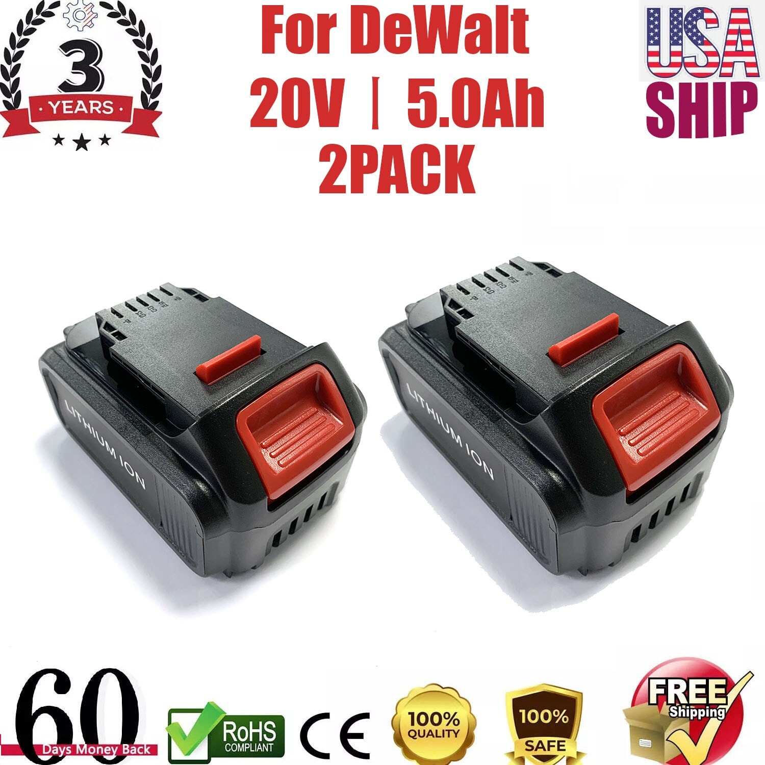 2Pack For DeWalt 20V 20 Volt Max XR 5.0AH Lithium Ion Battery DCB206-2 DCB205-2