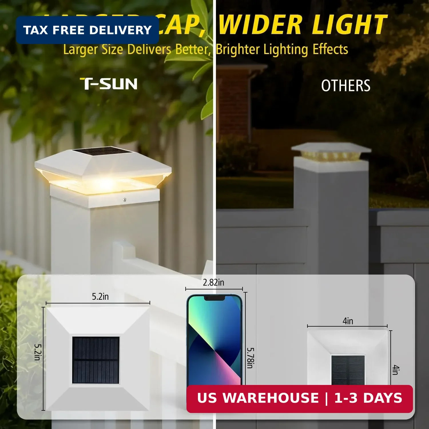 T-SUN Solar Post Cap Lights Outdoor 6 Pack, 2 Modes LED Fence Post Solar Lights