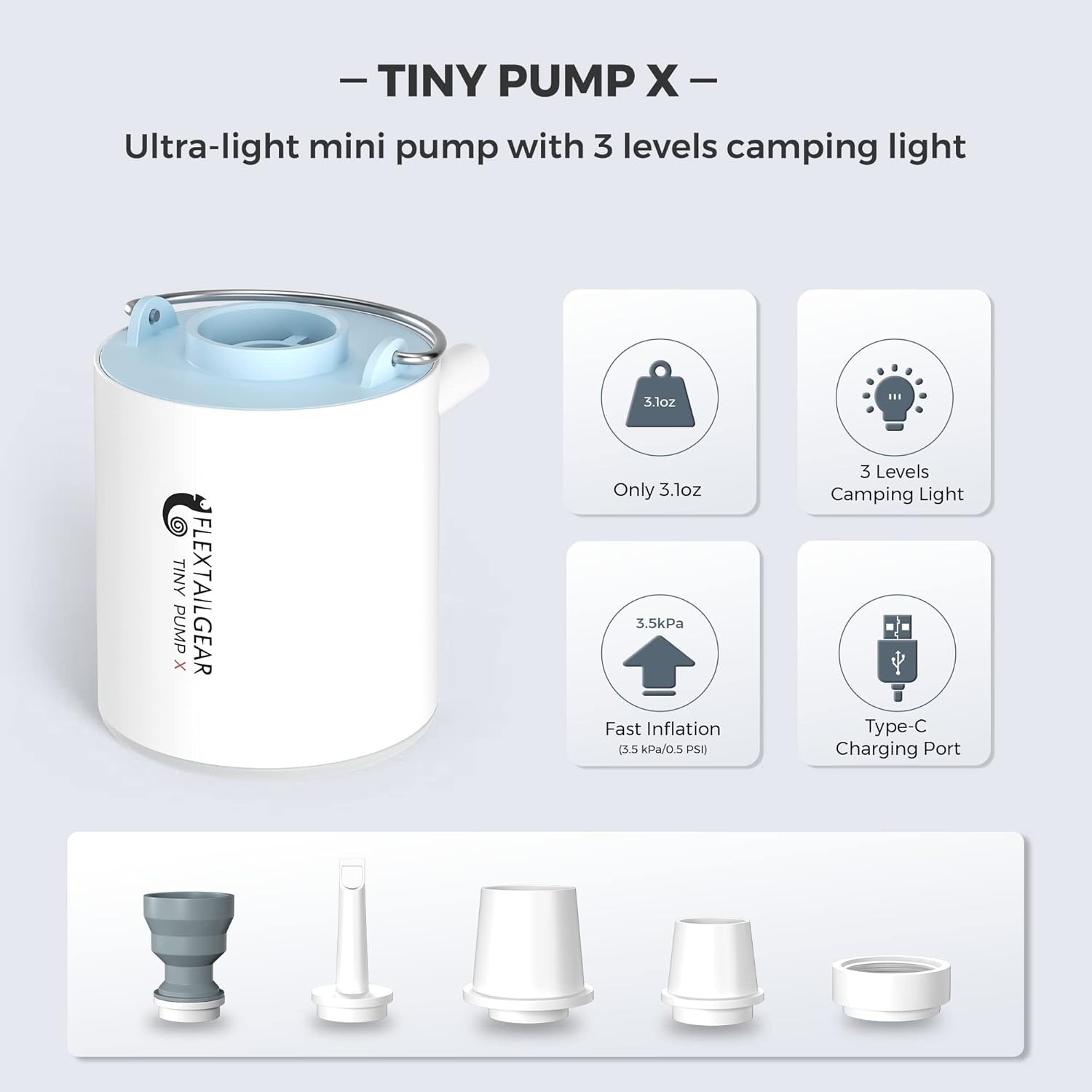 Tiny Pump X: Ultra-Mini Portable Air Pump & Camping Light – 1300mAh Rechargeable