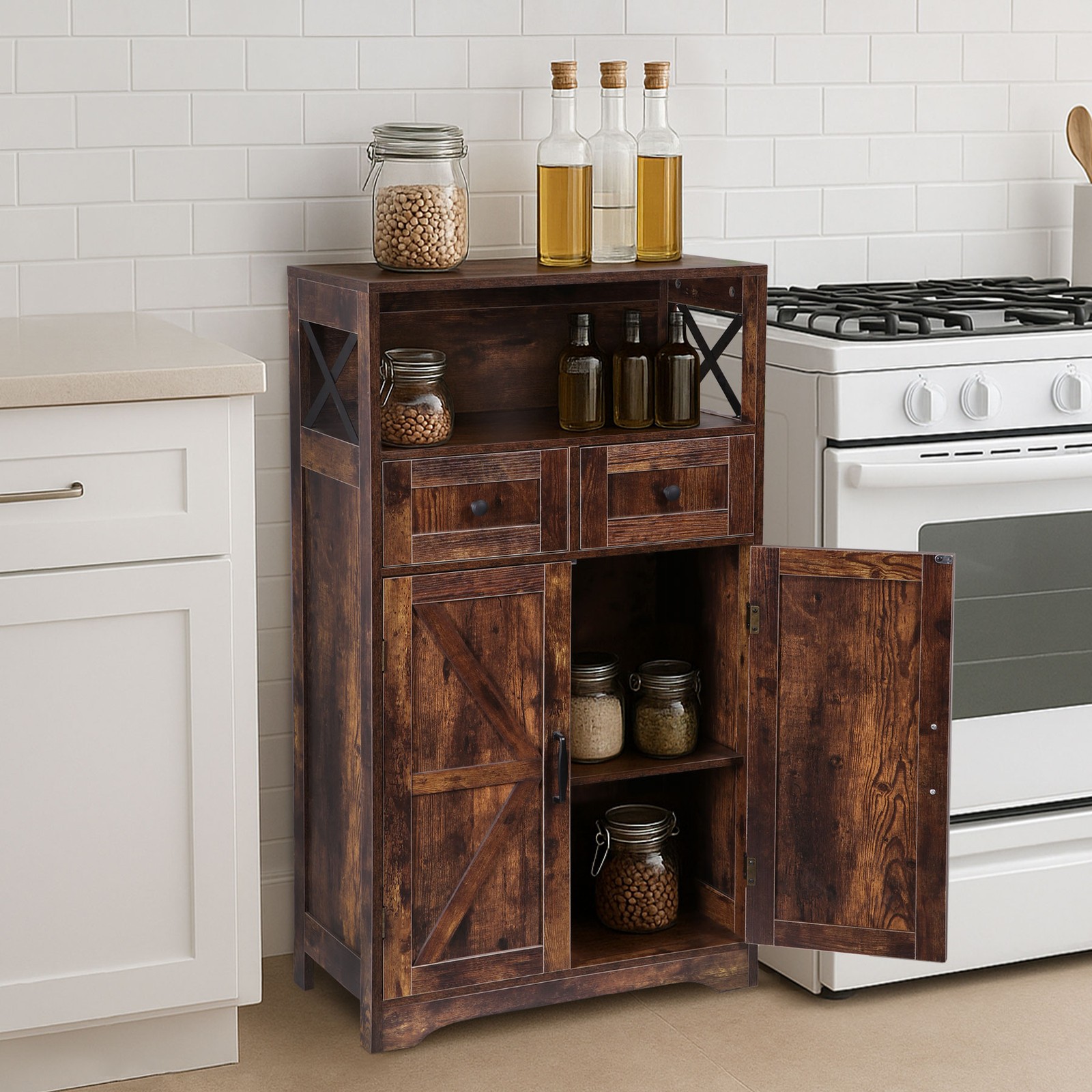 Brown Storage Cabinet with Doors & Drawers Freestanding Kitchen Pantry Cabinet