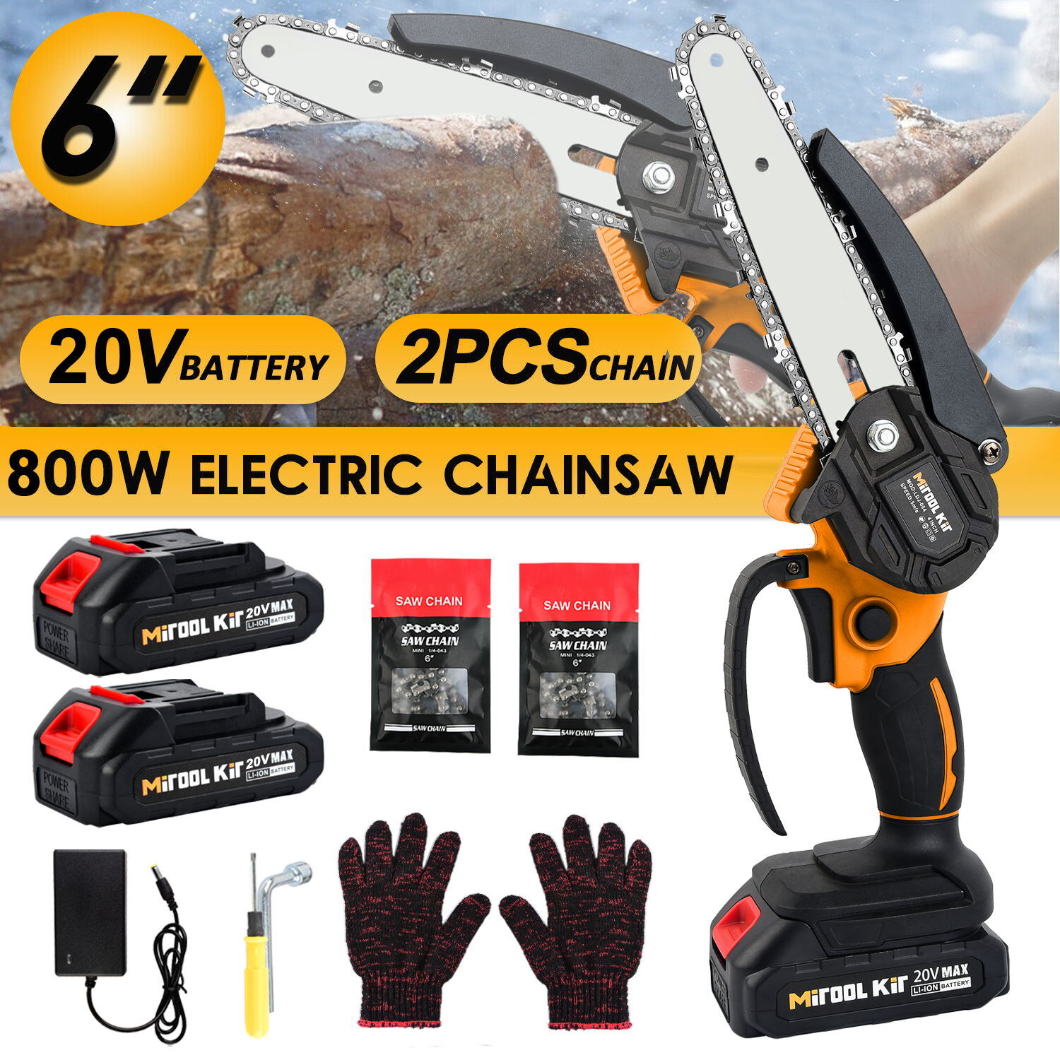 6″ Mini Chainsaw Cordless Handheld Electric Chain saw Brushless Motor w/2 Chains
