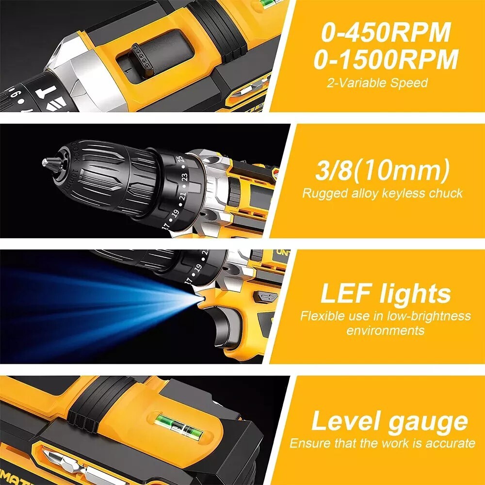 Hammer Drill Cordless Brushless Impact Driver Combo Kit With 2 Battery & Charger