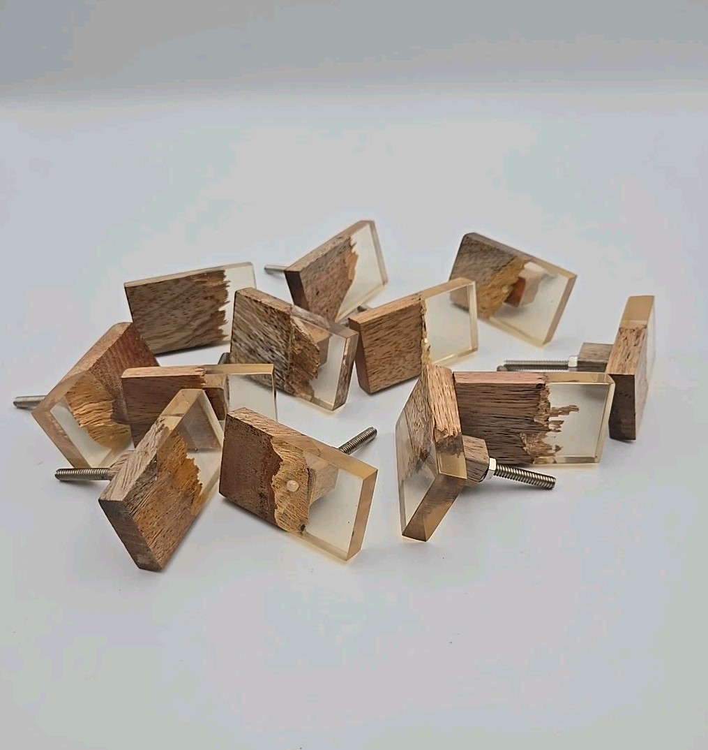 Modern Brutalist Wood & Resin Cabinet Drawer Knob set 12 Rectangular Shape READ